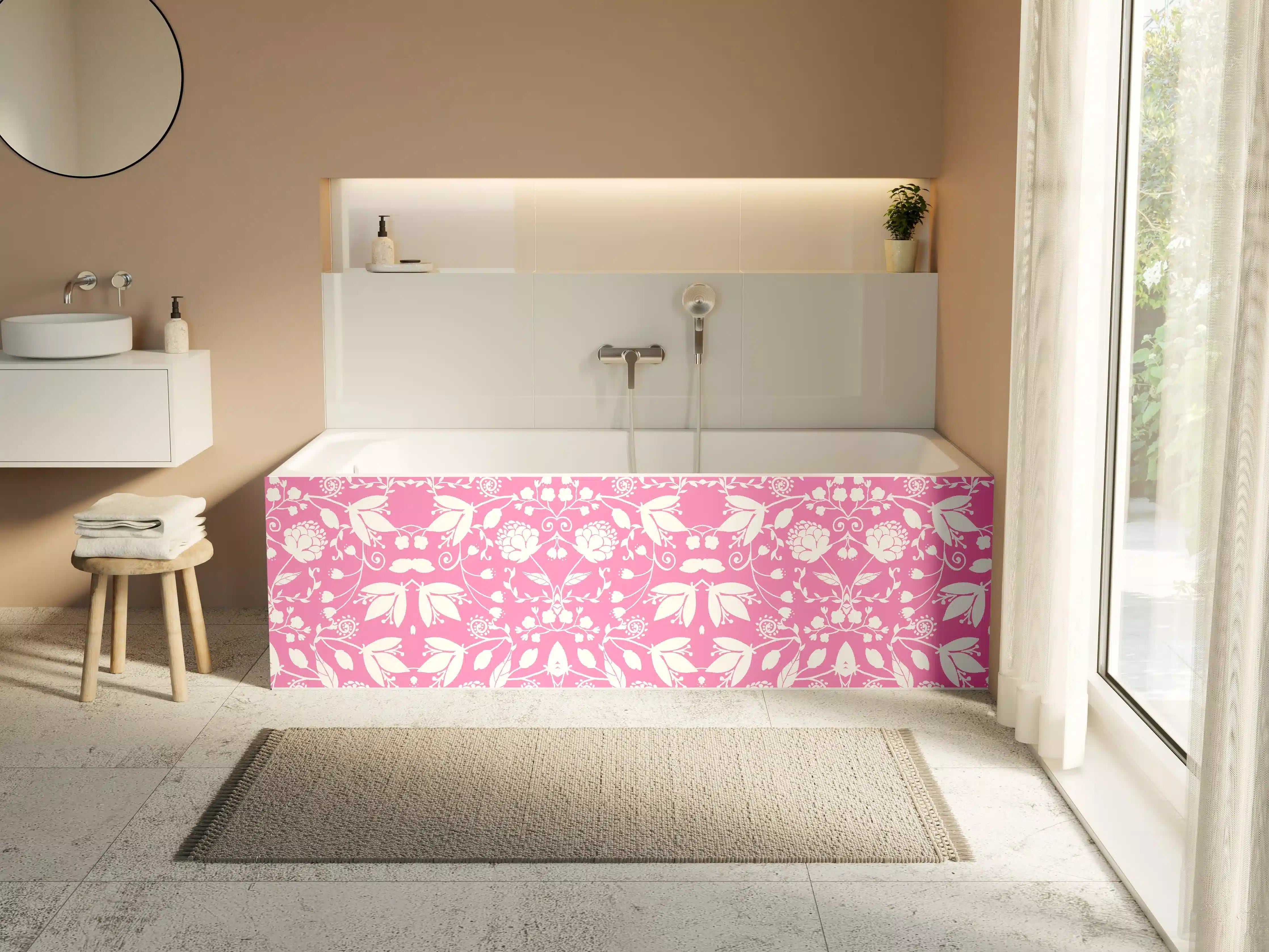 Badewannen-Rückwand - Verspieltes rosa Blumenmuster mit weißer Illustration