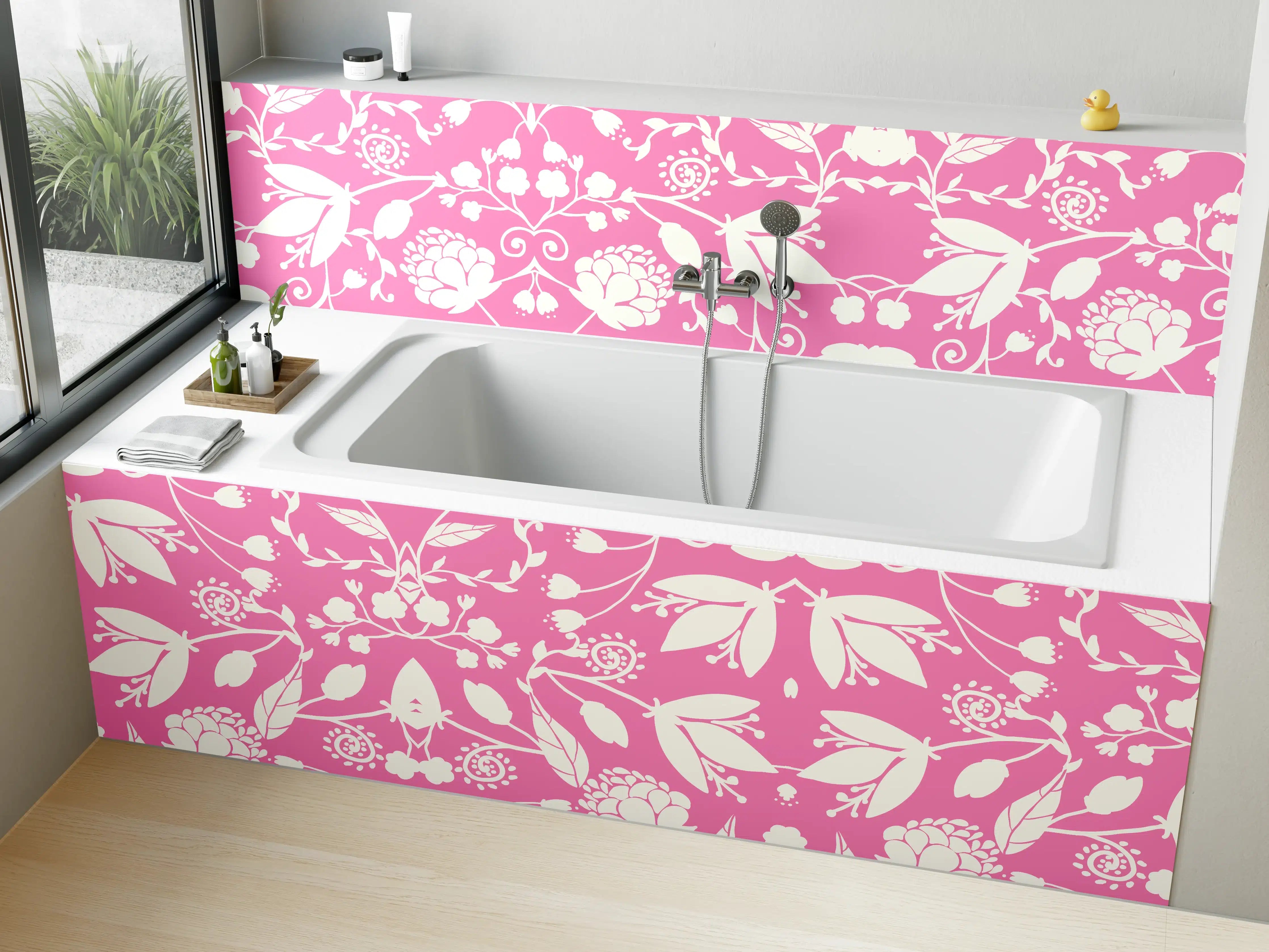 Badewannen-Rückwand - Verspieltes rosa Blumenmuster mit weißer Illustration