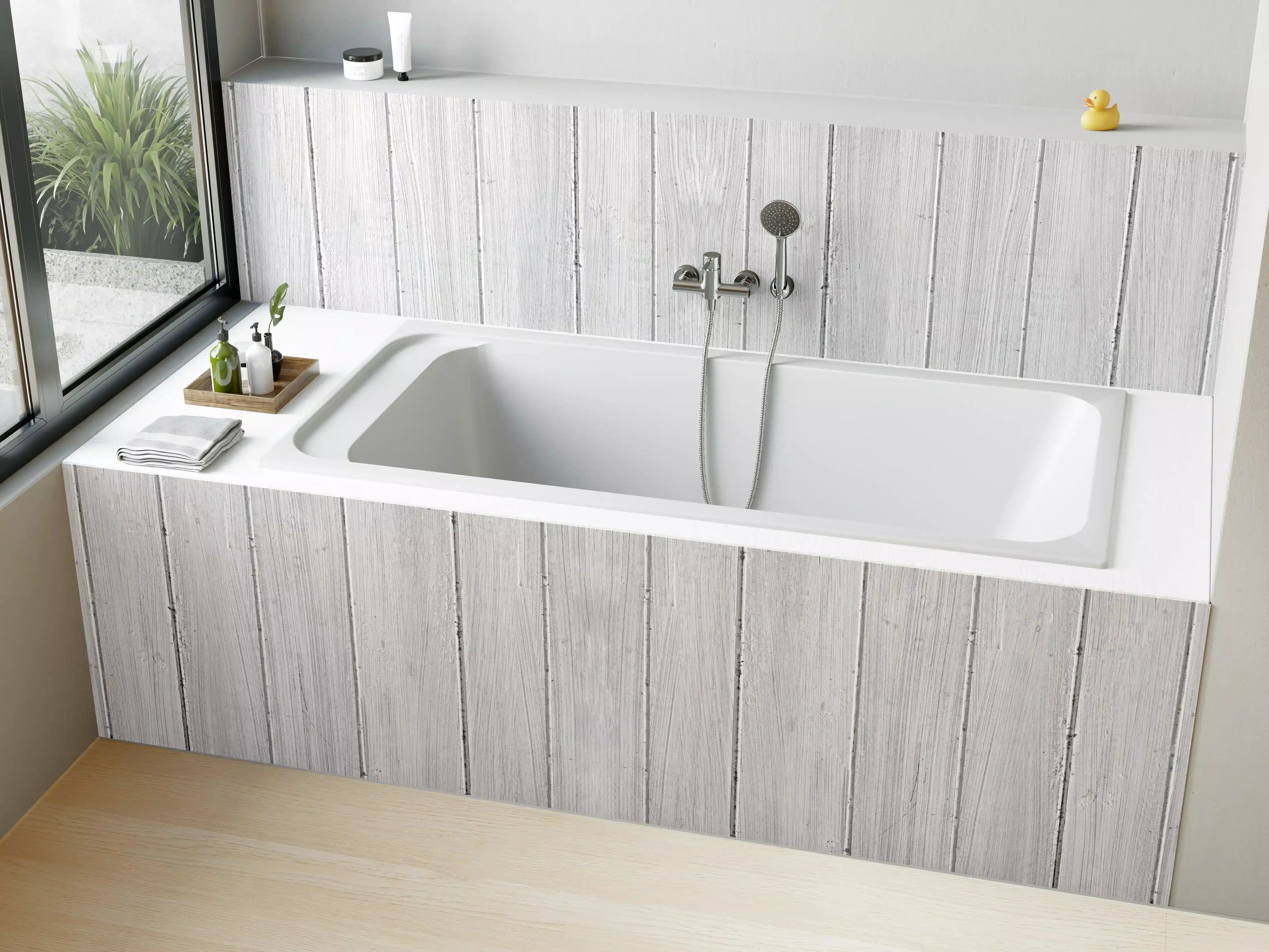 Badewannen-Rückwand - Vertikaler Hintergrund aus weißem Holz