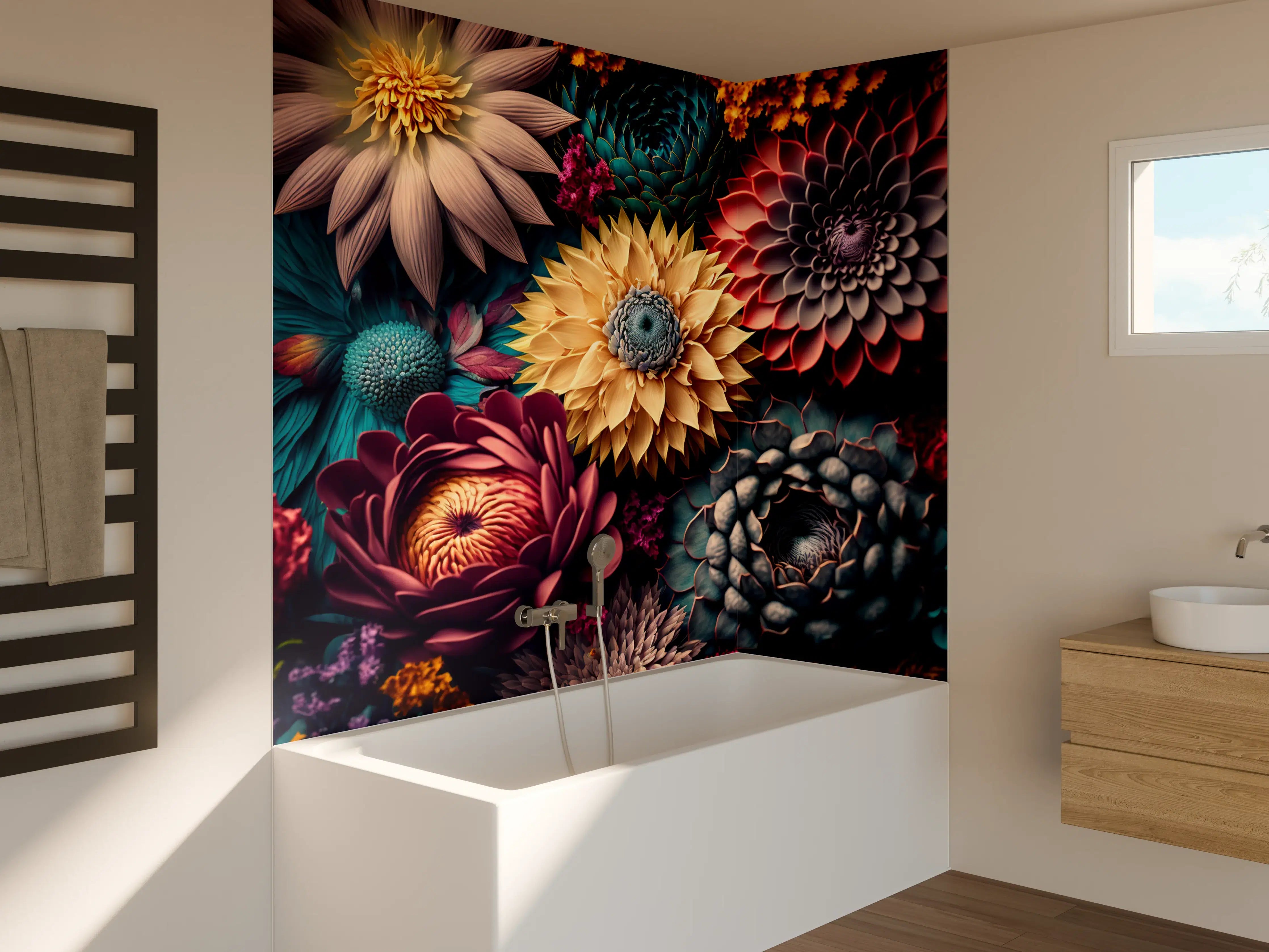 Badewannen-Rückwand - Vibrante Blumenpracht in Dunkel- und Pastelltönen