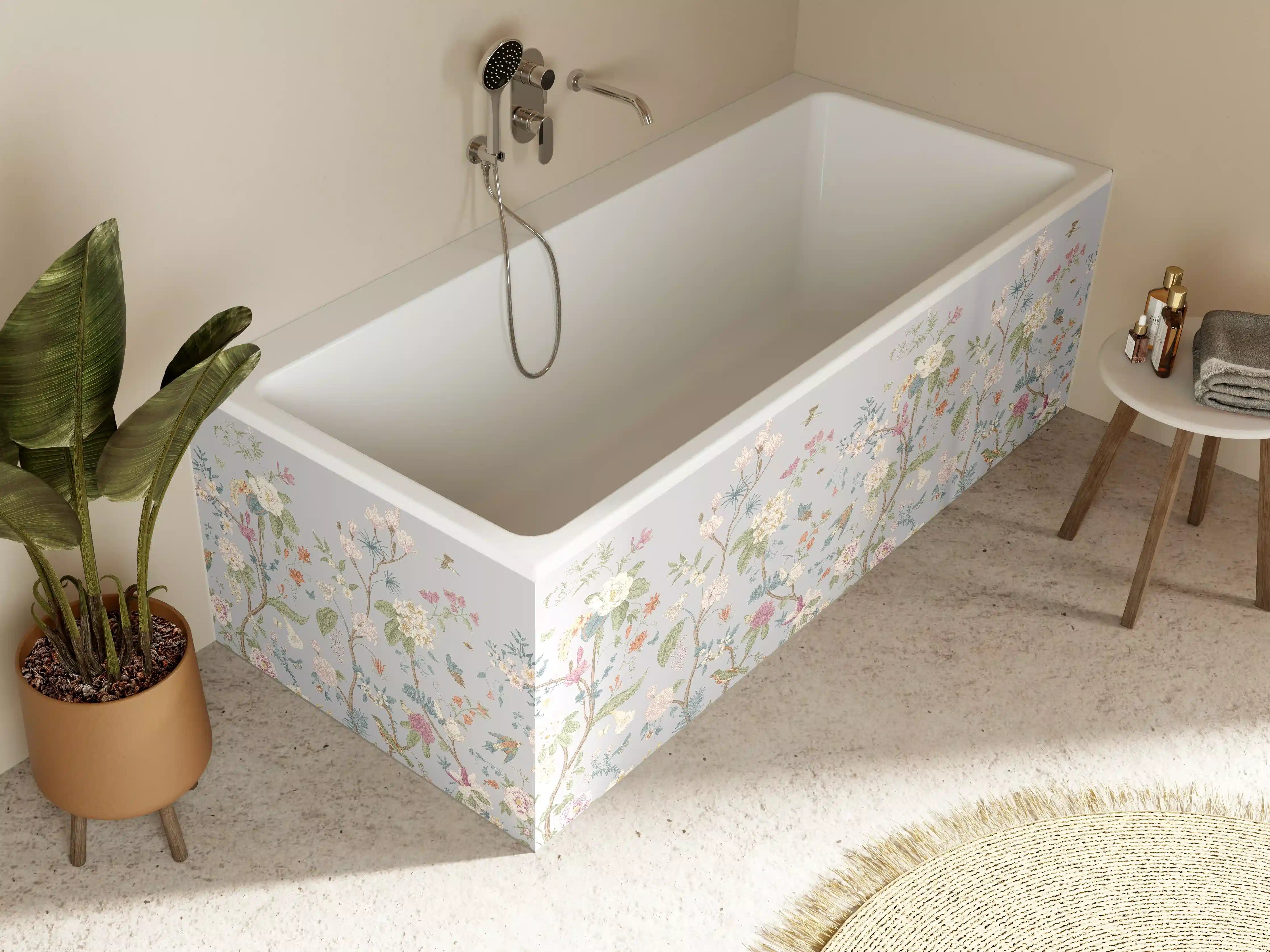 Badewannen-Rückwand - Vintage Bloom Blumenbordüre Grau-Rosa