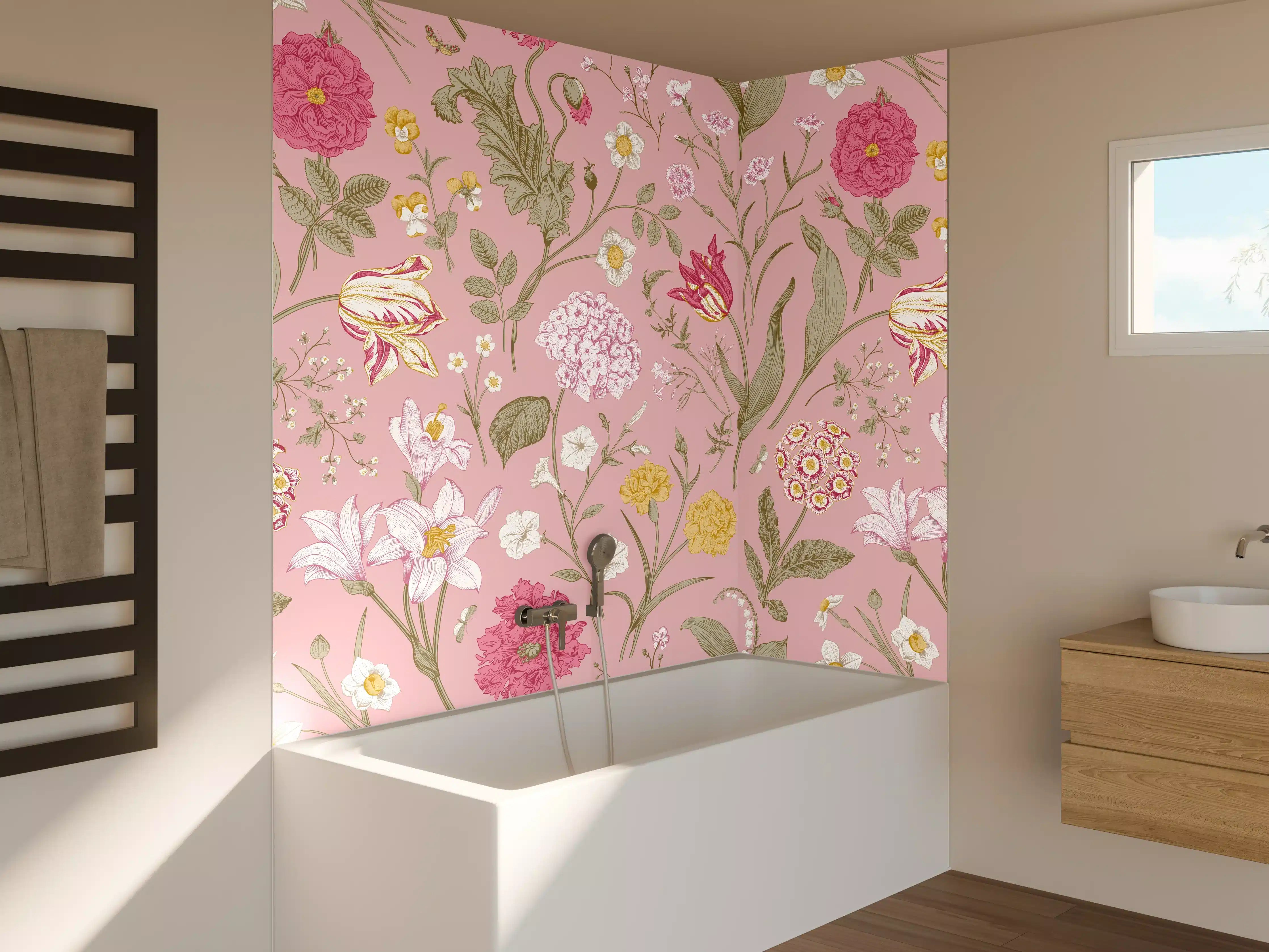 Badewannen-Rückwand - Vintage Bloom Rosa Blumenmuster