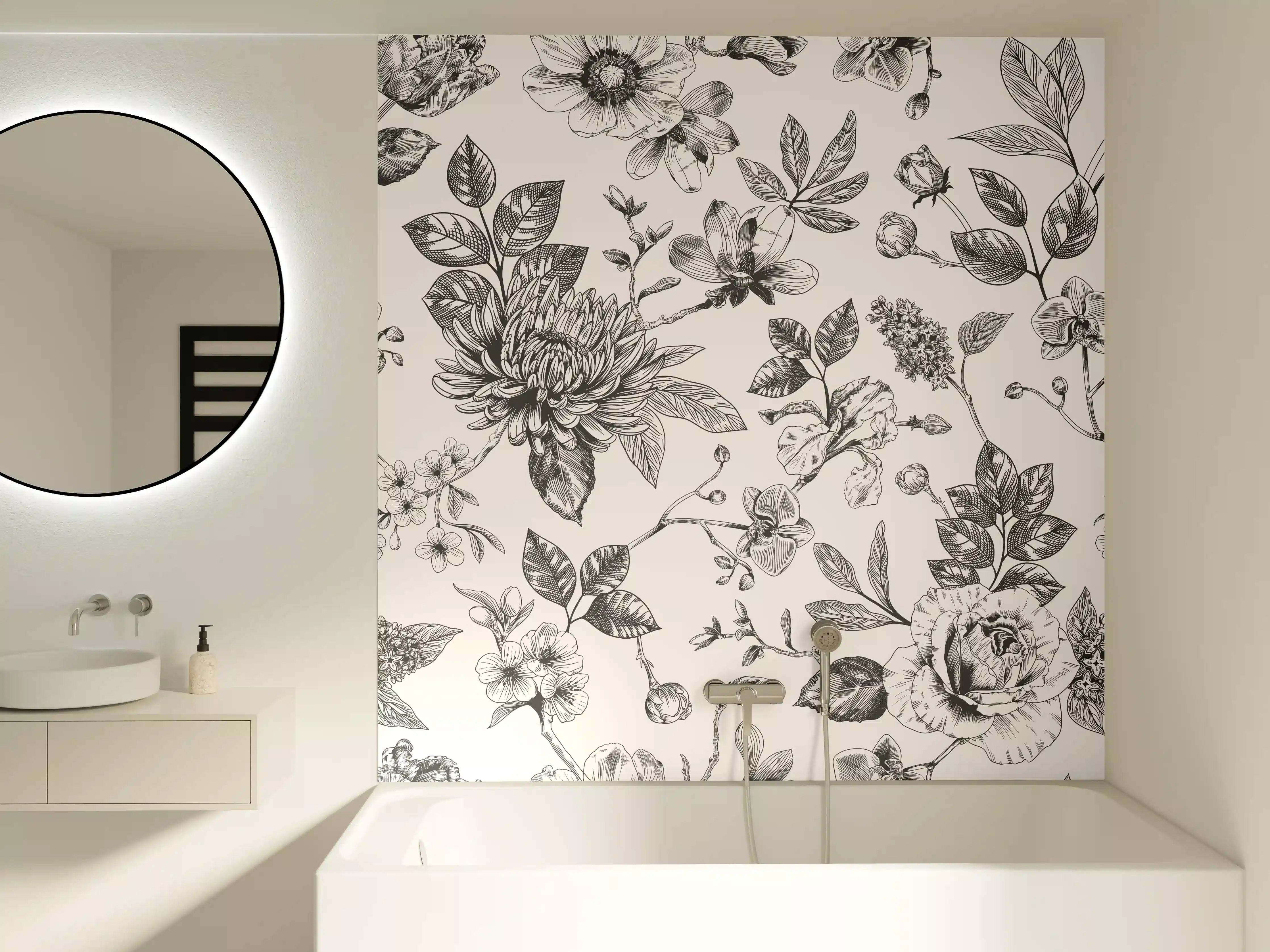 Badewannen-Rückwand - Vintage-Blumen Schwarz-Weiß