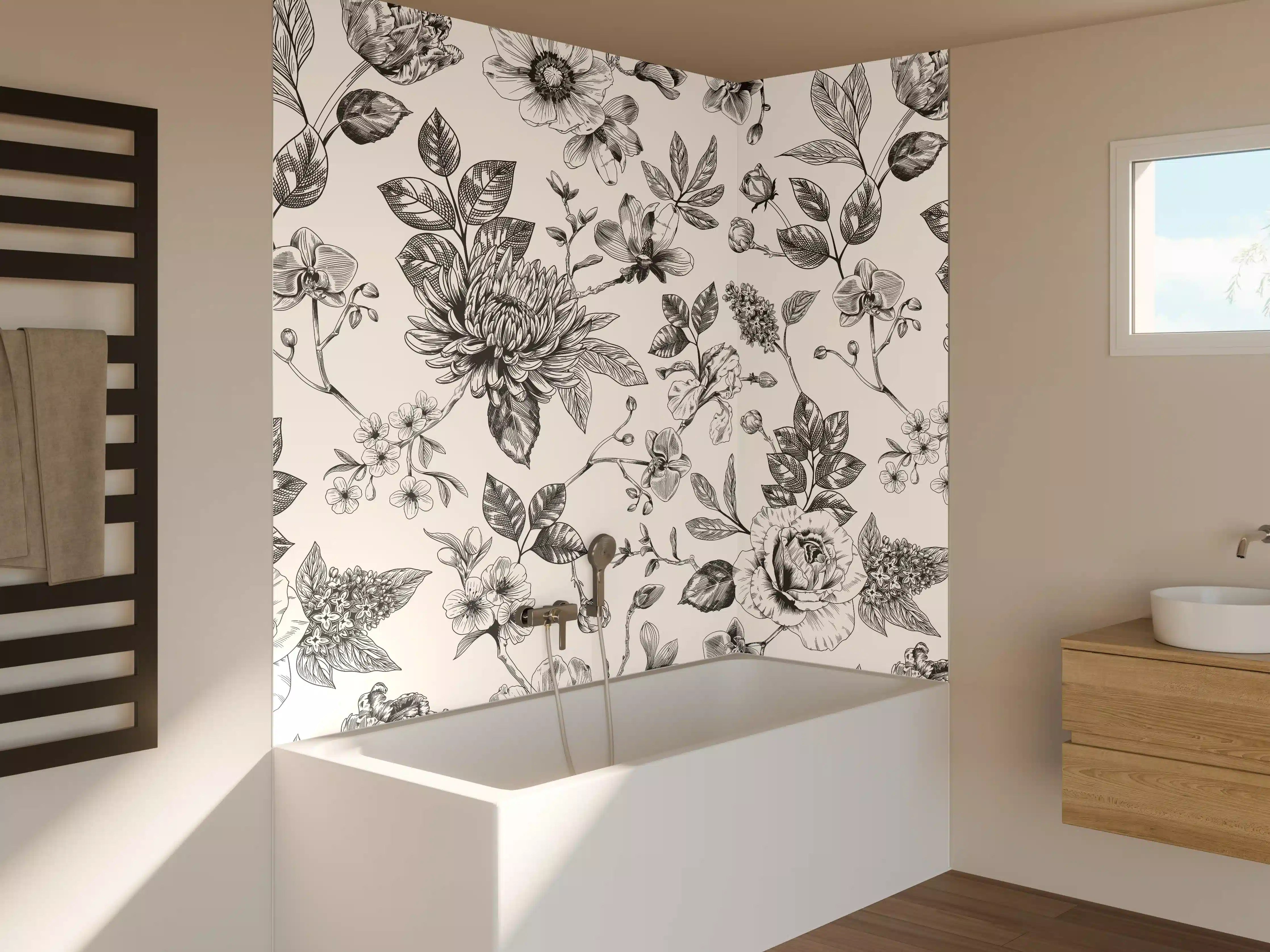 Badewannen-Rückwand - Vintage-Blumen Schwarz-Weiß