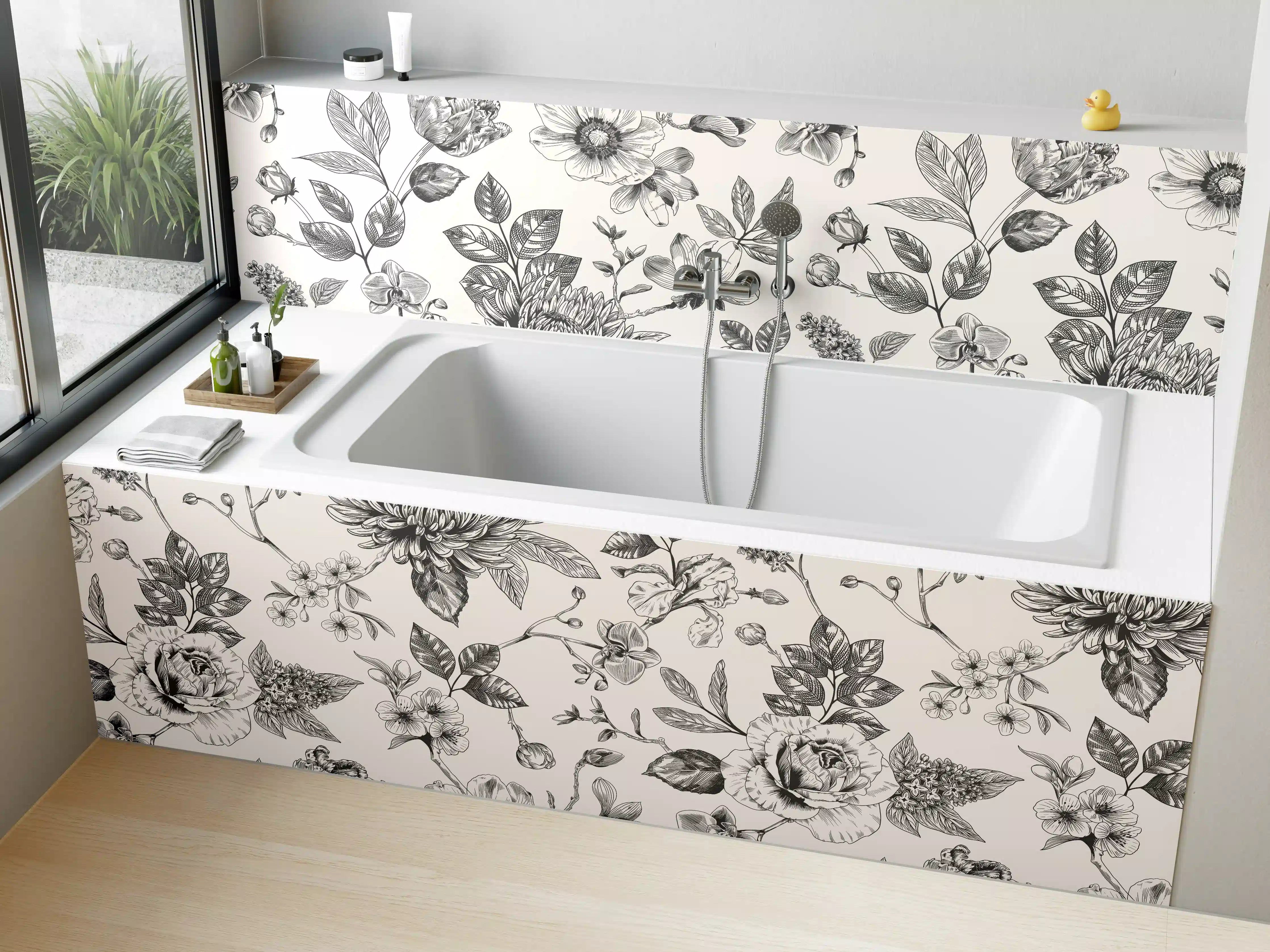 Badewannen-Rückwand - Vintage-Blumen Schwarz-Weiß