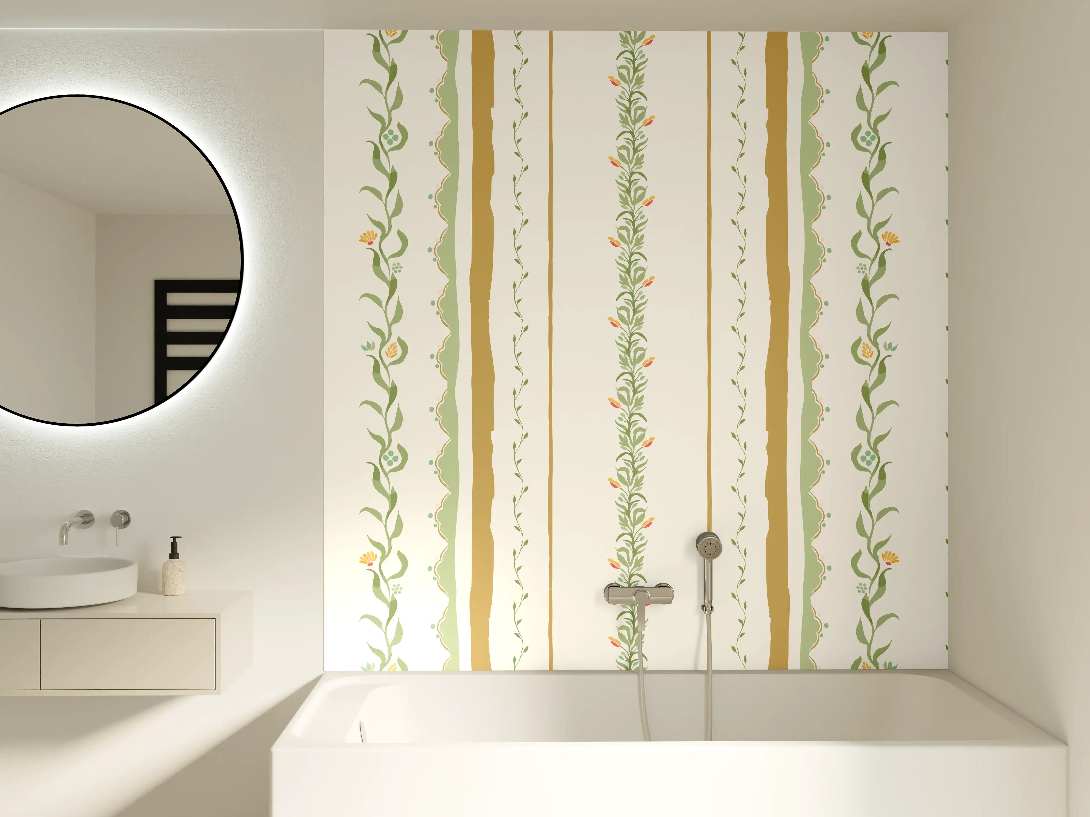 Badewannen-Rückwand - Vintage-Blumen Tapete Beige-Grün