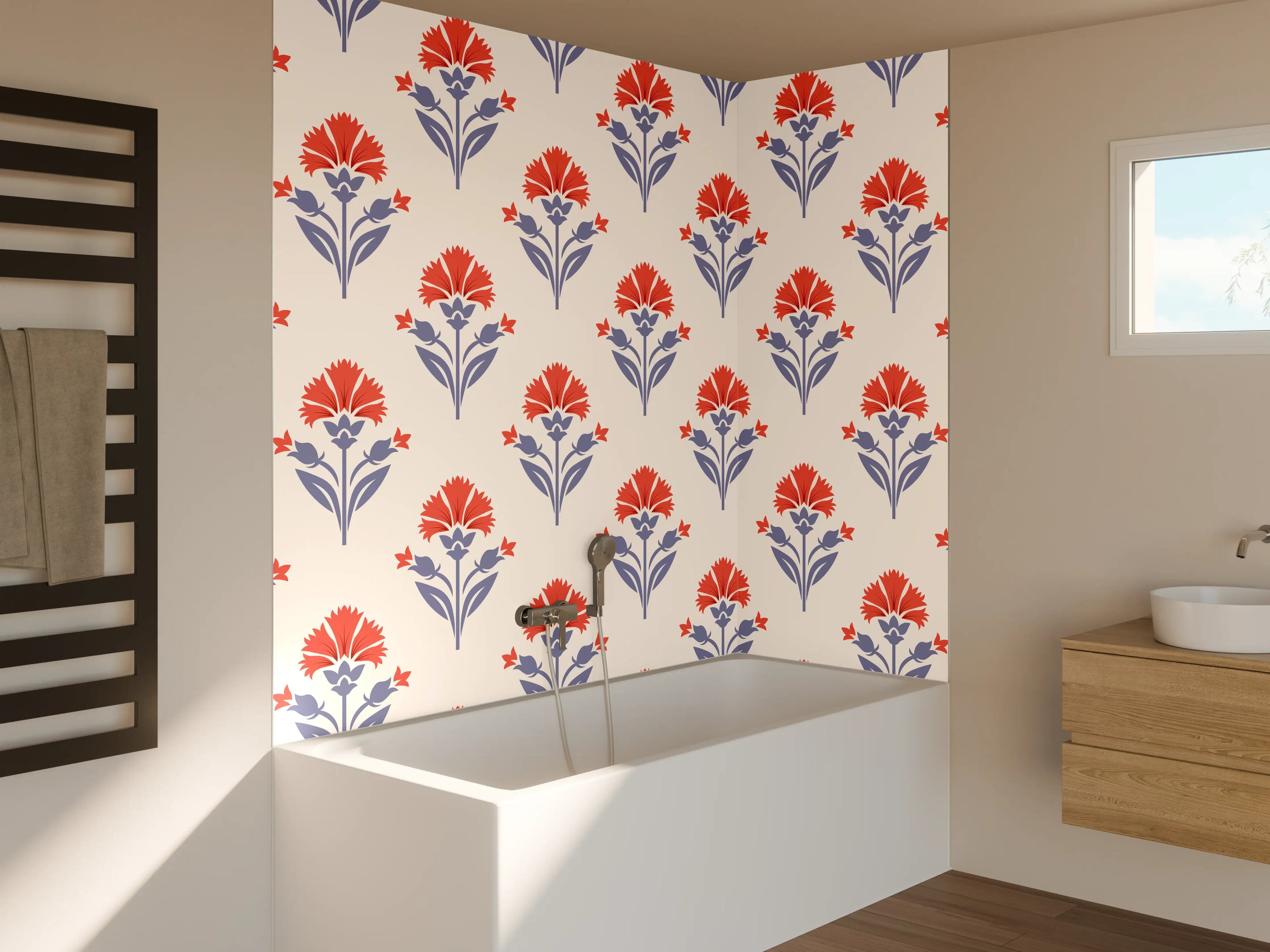 Badewannen-Rückwand - Vintage Blumen Tapete Beige-Rot