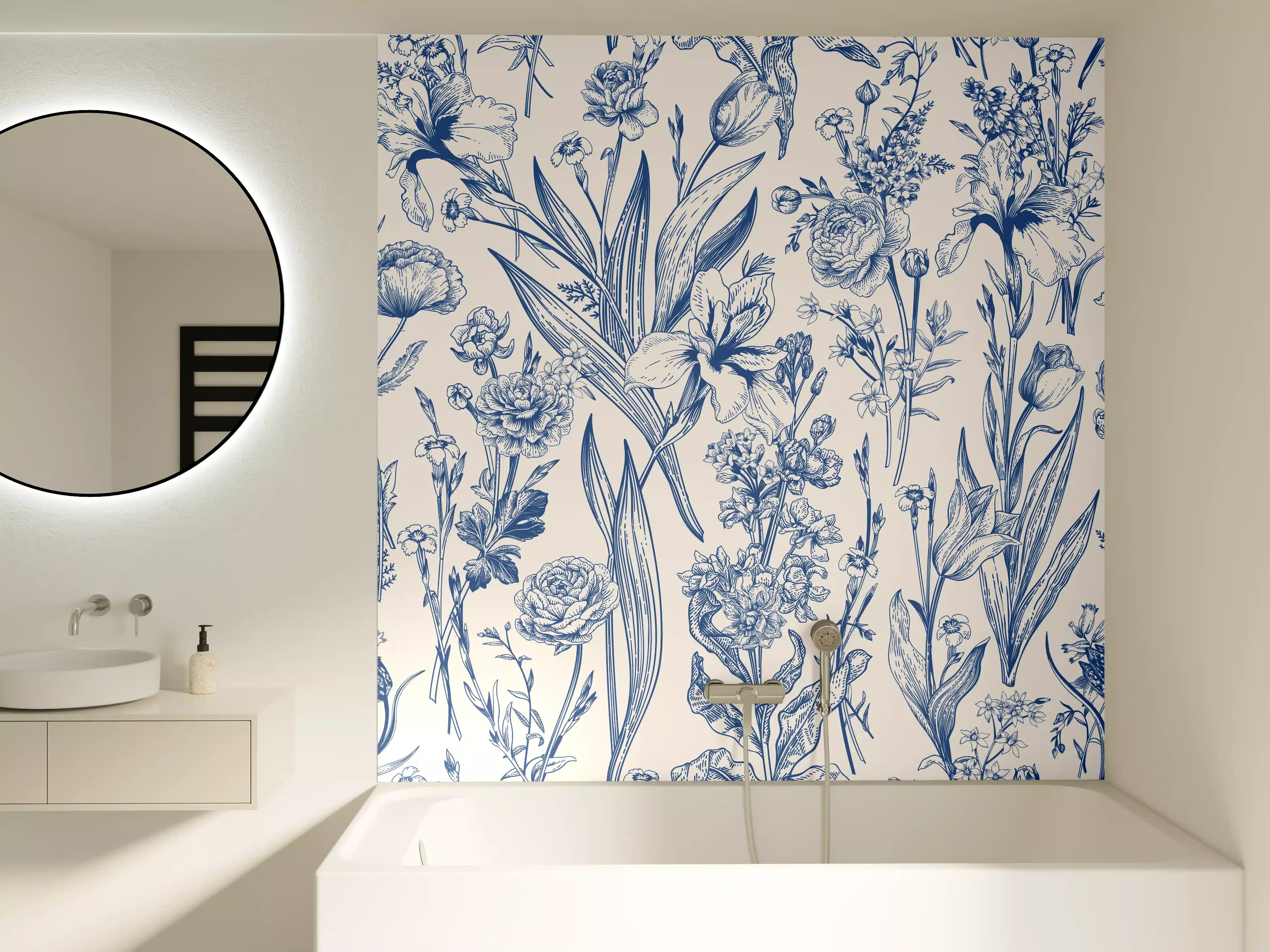 Badewannen-Rückwand - Vintage-Blumenmuster Azurblau