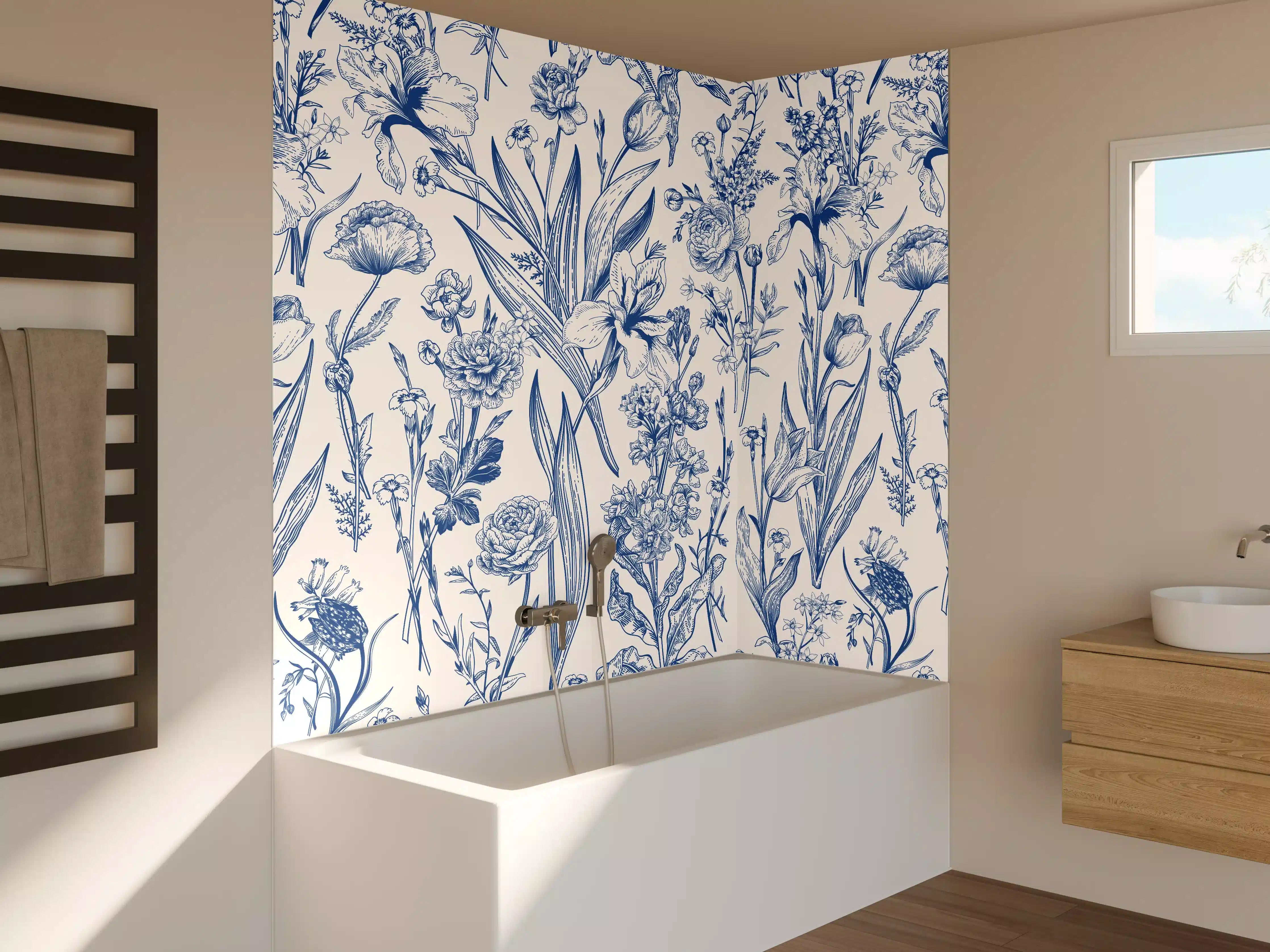 Badewannen-Rückwand - Vintage-Blumenmuster Azurblau
