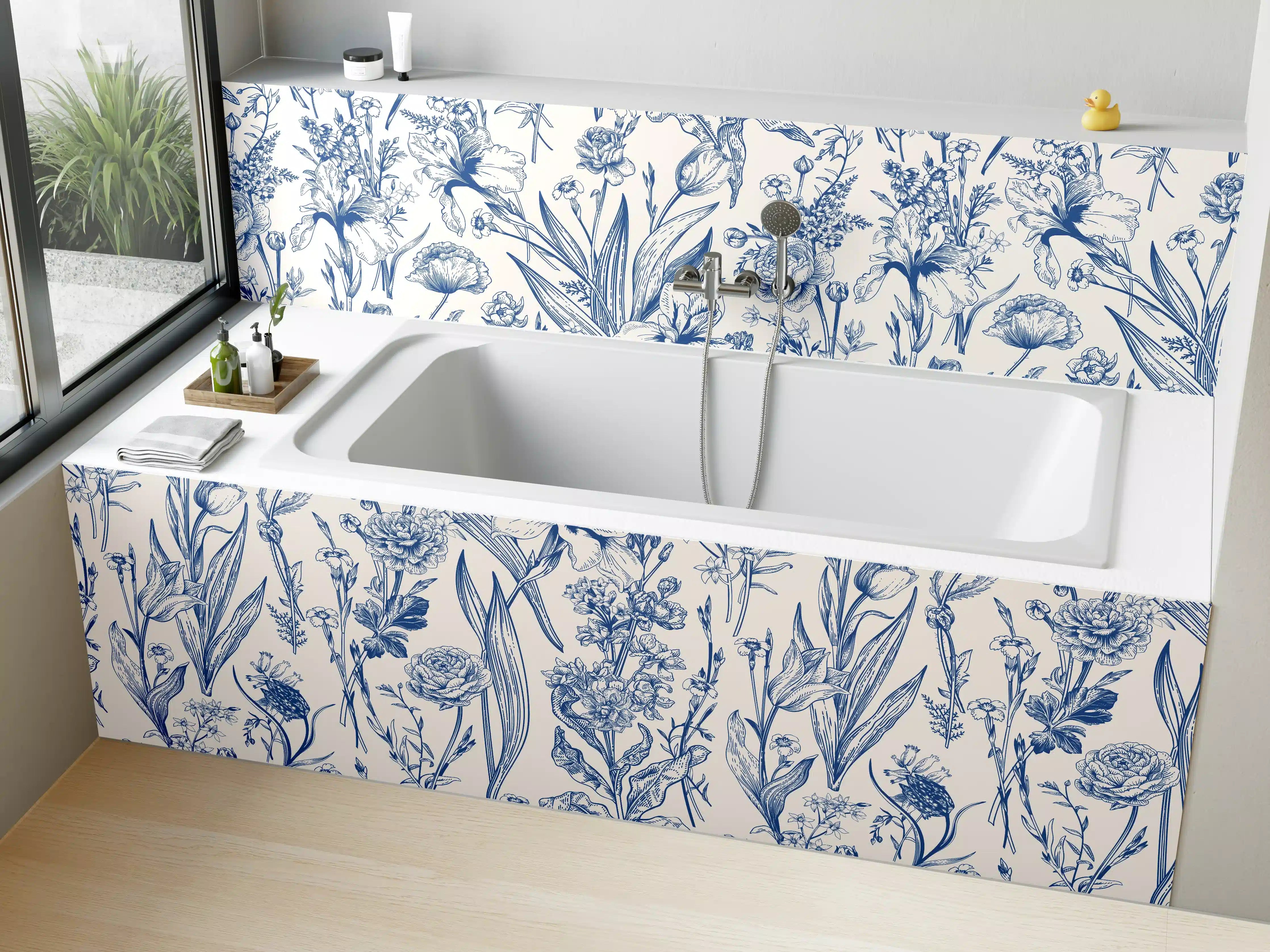 Badewannen-Rückwand - Vintage-Blumenmuster Azurblau