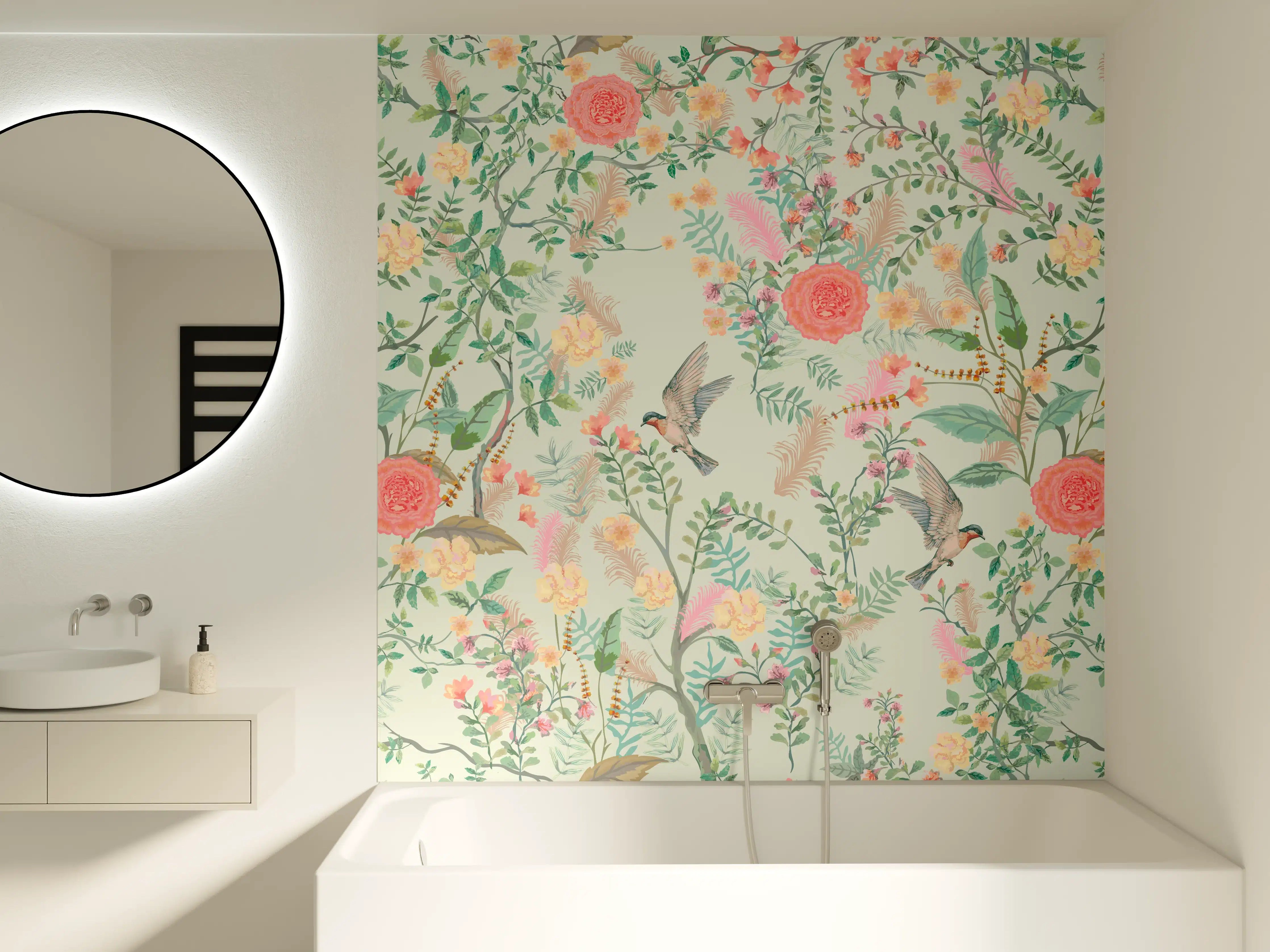 Badewannen-Rückwand - Vintage-Blumenmuster Grün-Rosa