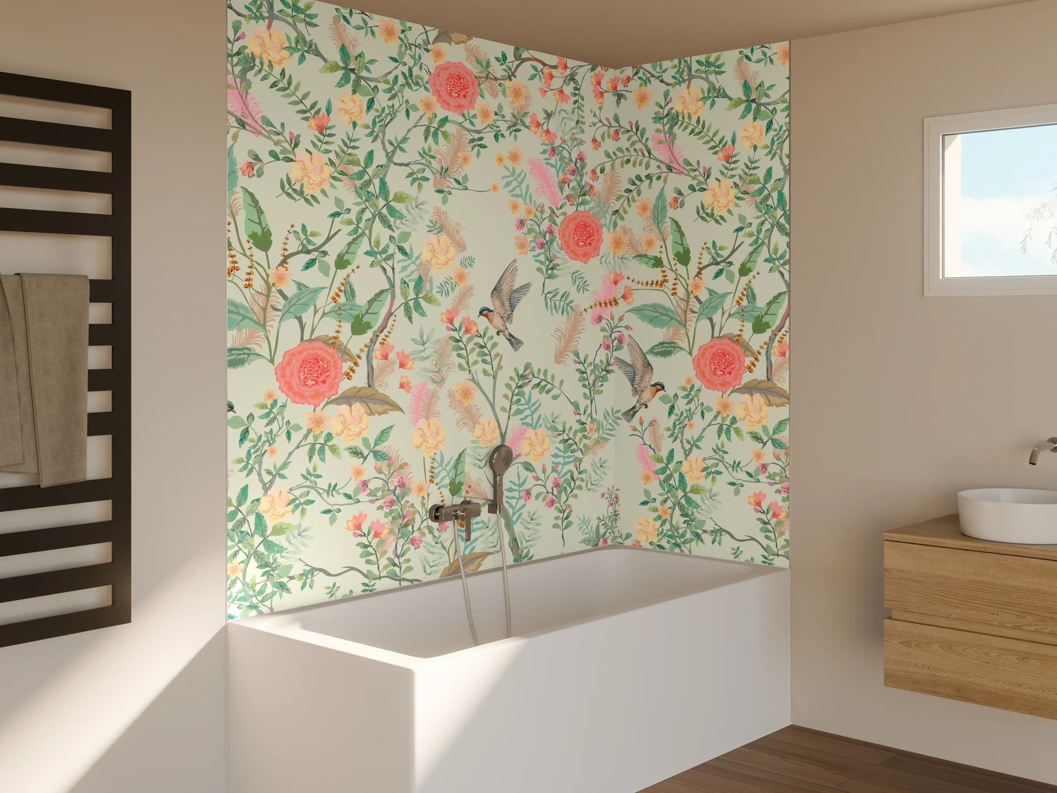 Badewannen-Rückwand - Vintage-Blumenmuster Grün-Rosa