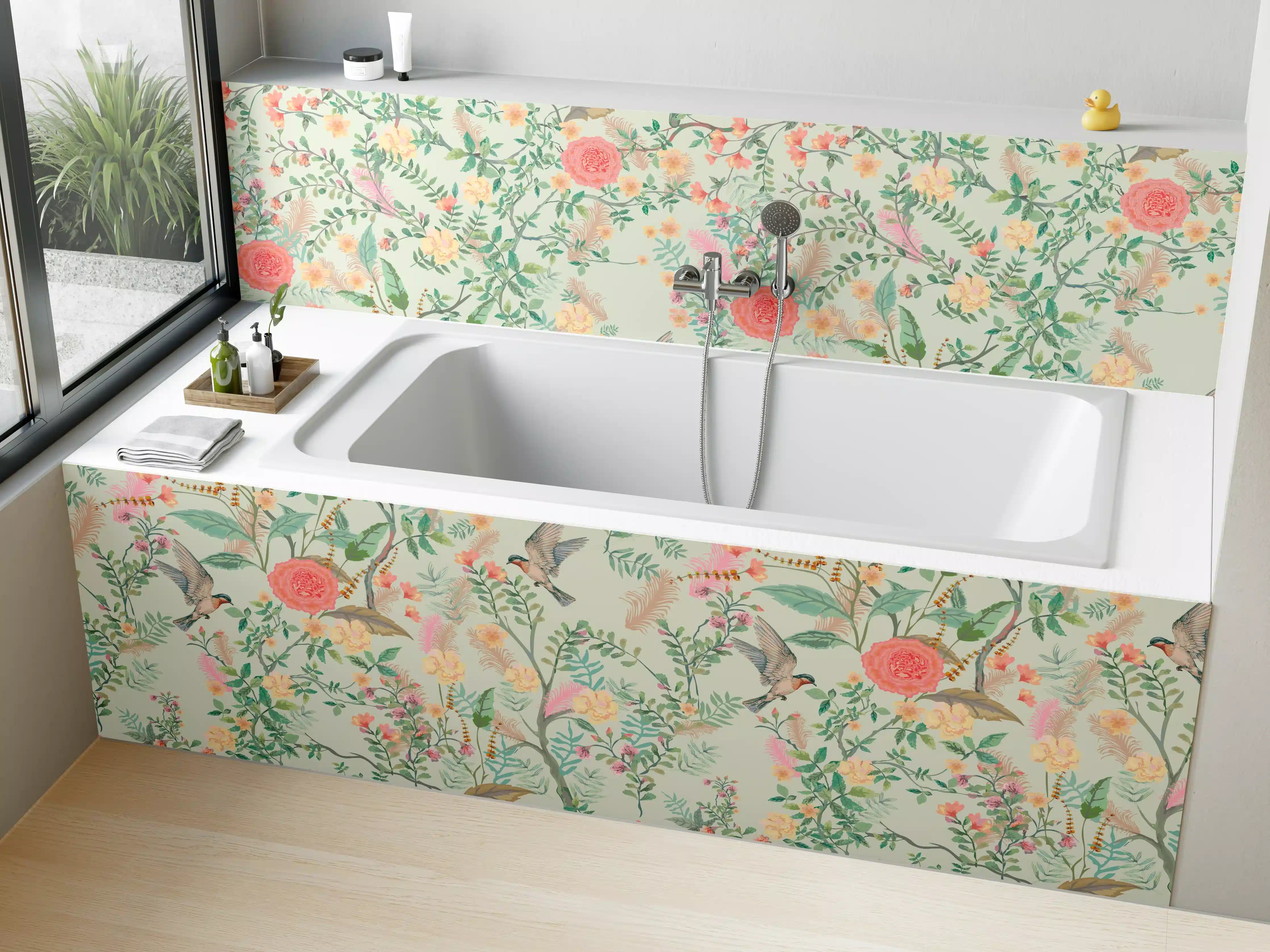 Badewannen-Rückwand - Vintage-Blumenmuster Grün-Rosa