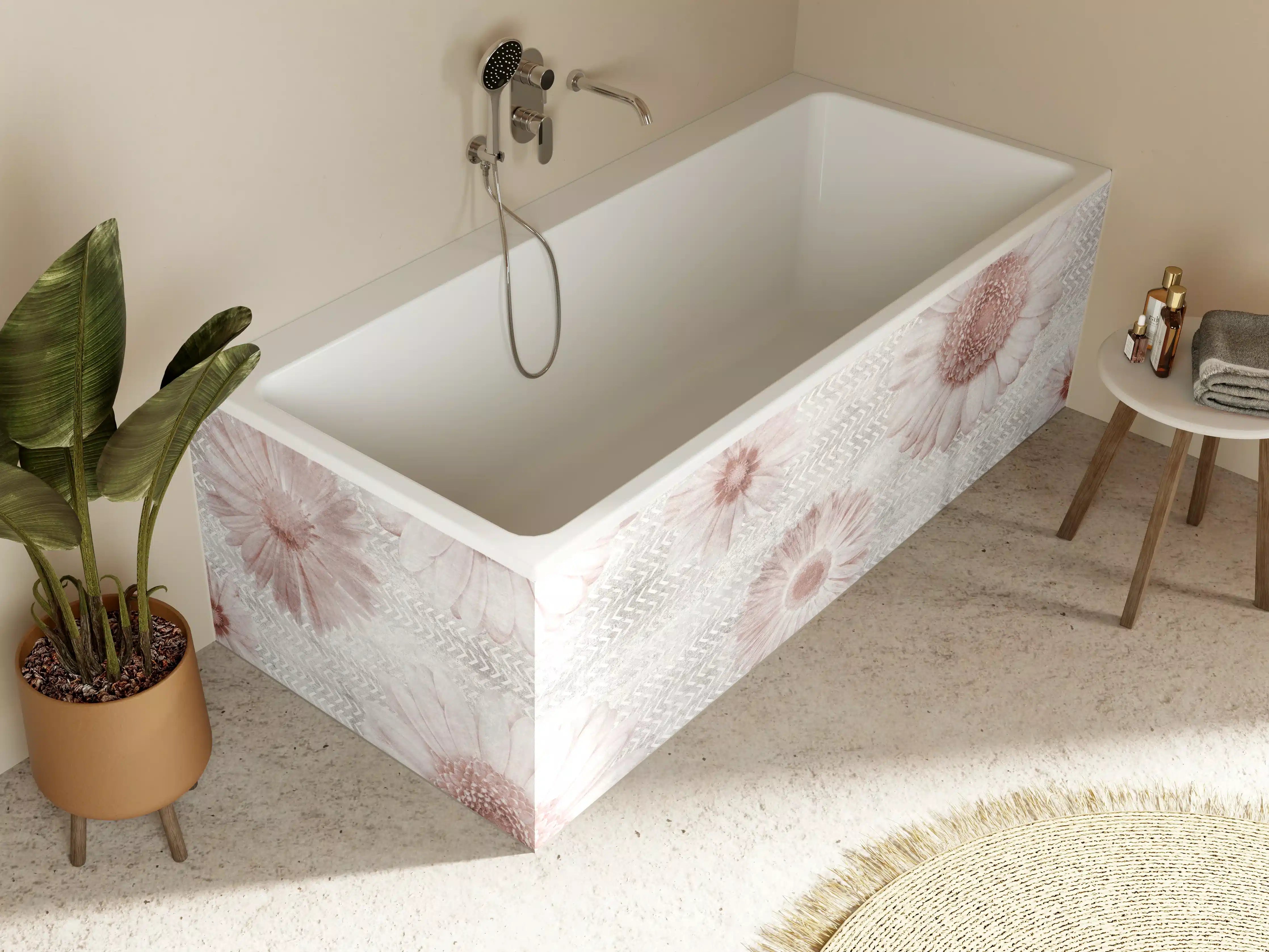 Badewannen-Rückwand - Vintage Blumenmuster auf Weiß