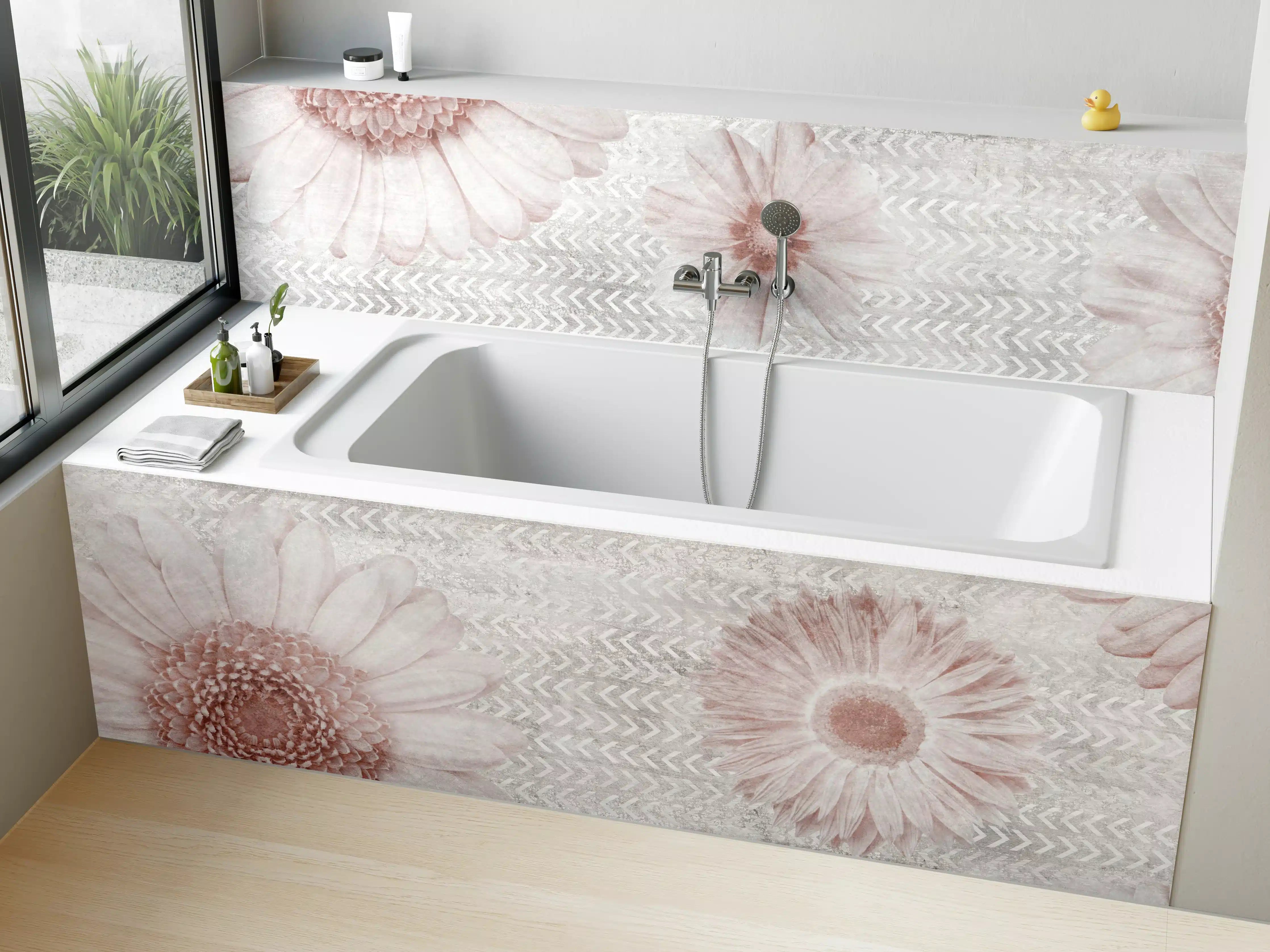 Badewannen-Rückwand - Vintage Blumenmuster auf Weiß