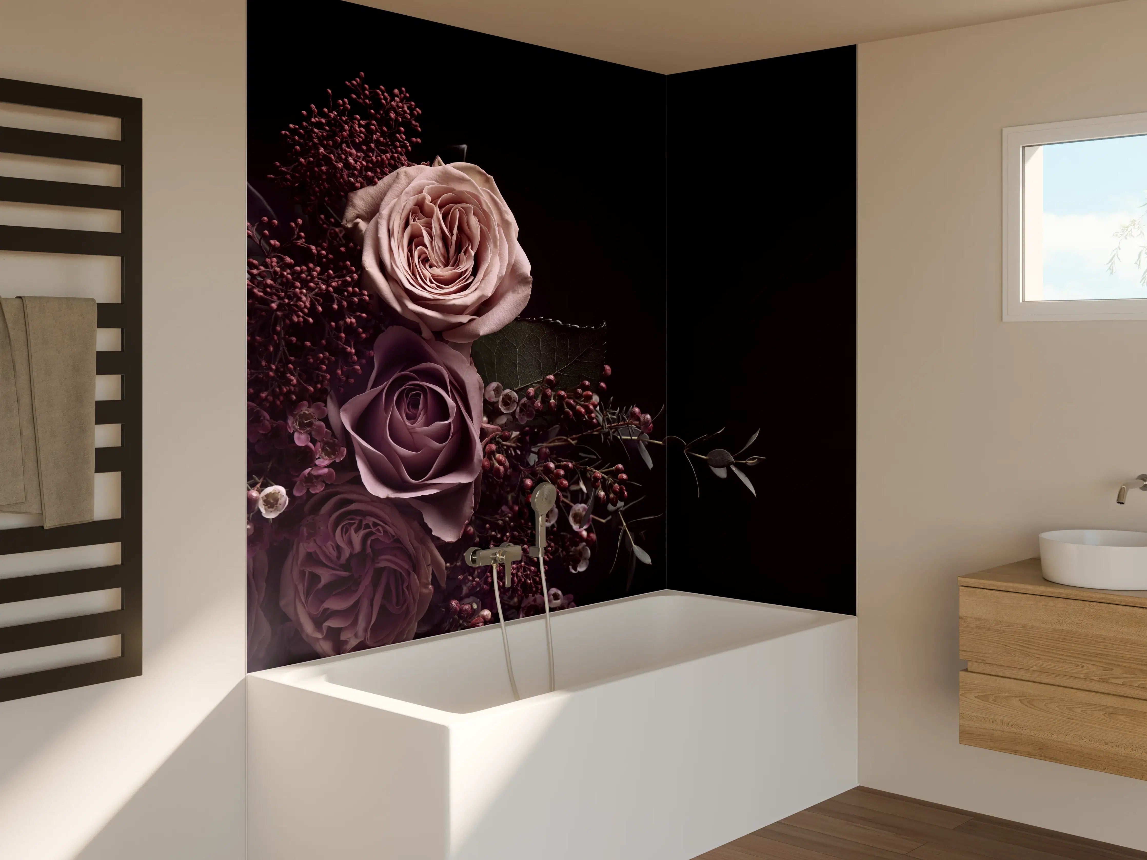 Badewannen-Rückwand - Vintage Blumenstrauß auf schwarzem Hintergrund