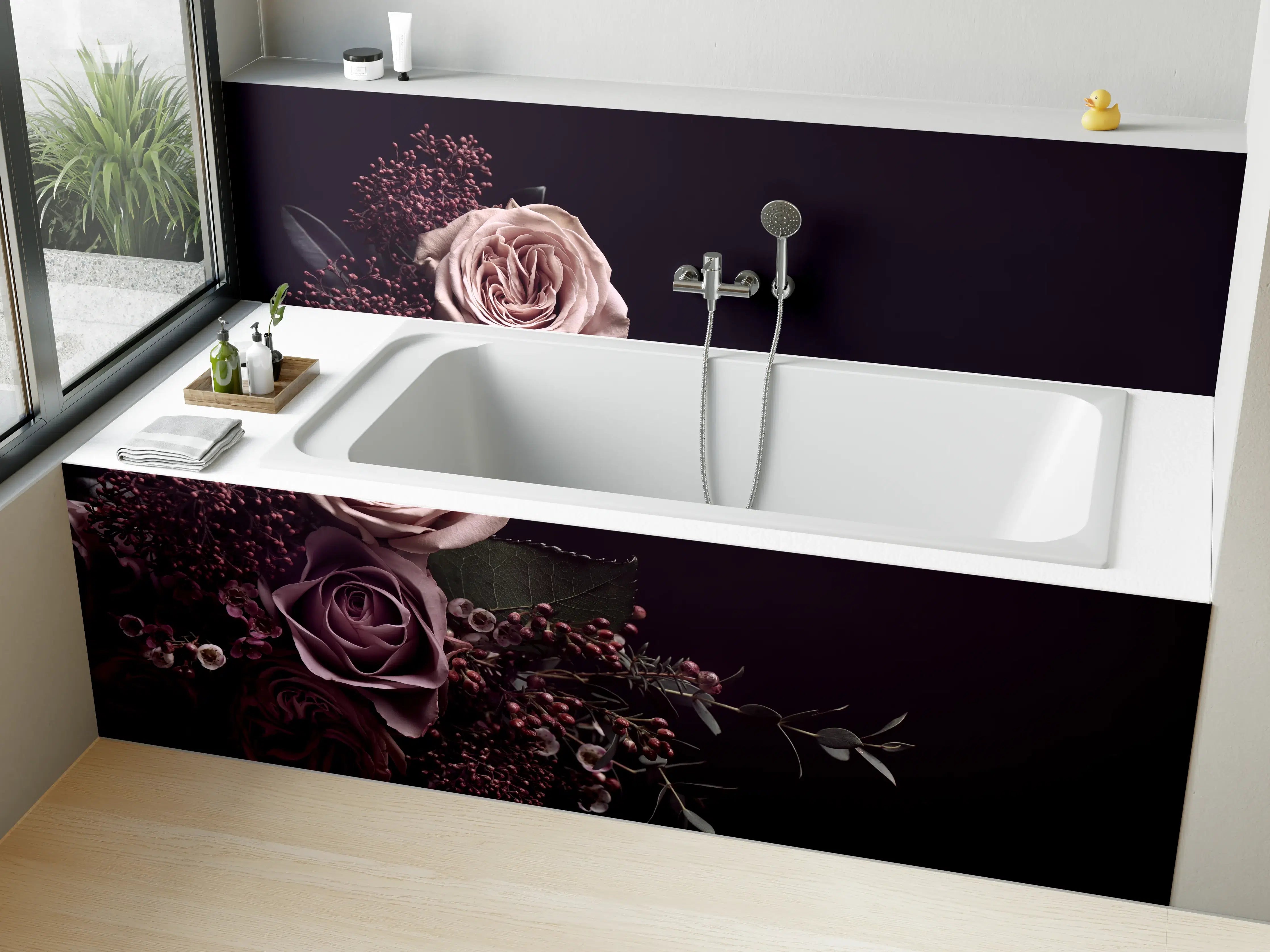 Badewannen-Rückwand - Vintage Blumenstrauß auf schwarzem Hintergrund