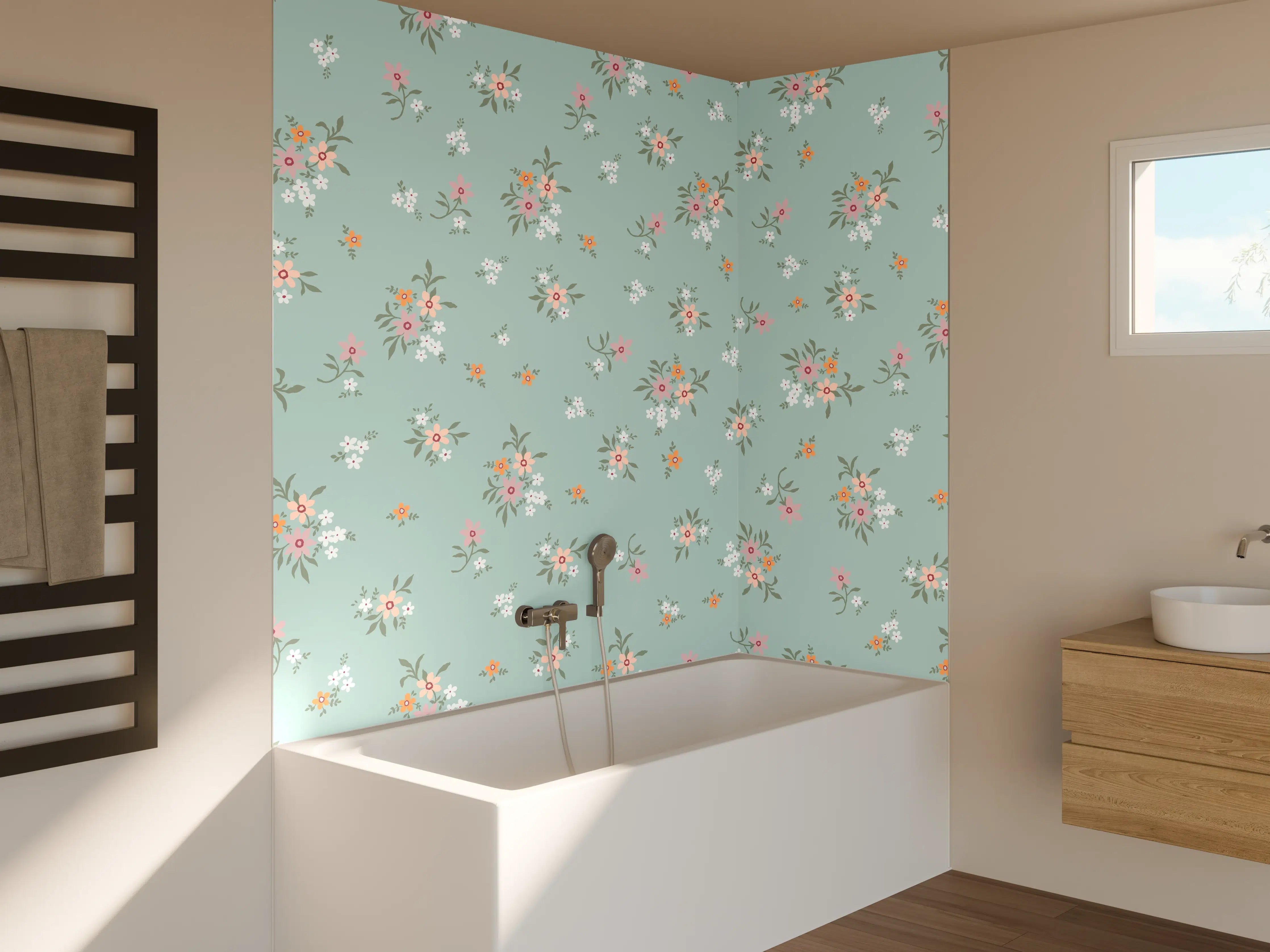 Badewannen-Rückwand - Vintage Ditsy Blumenmuster Türkis
