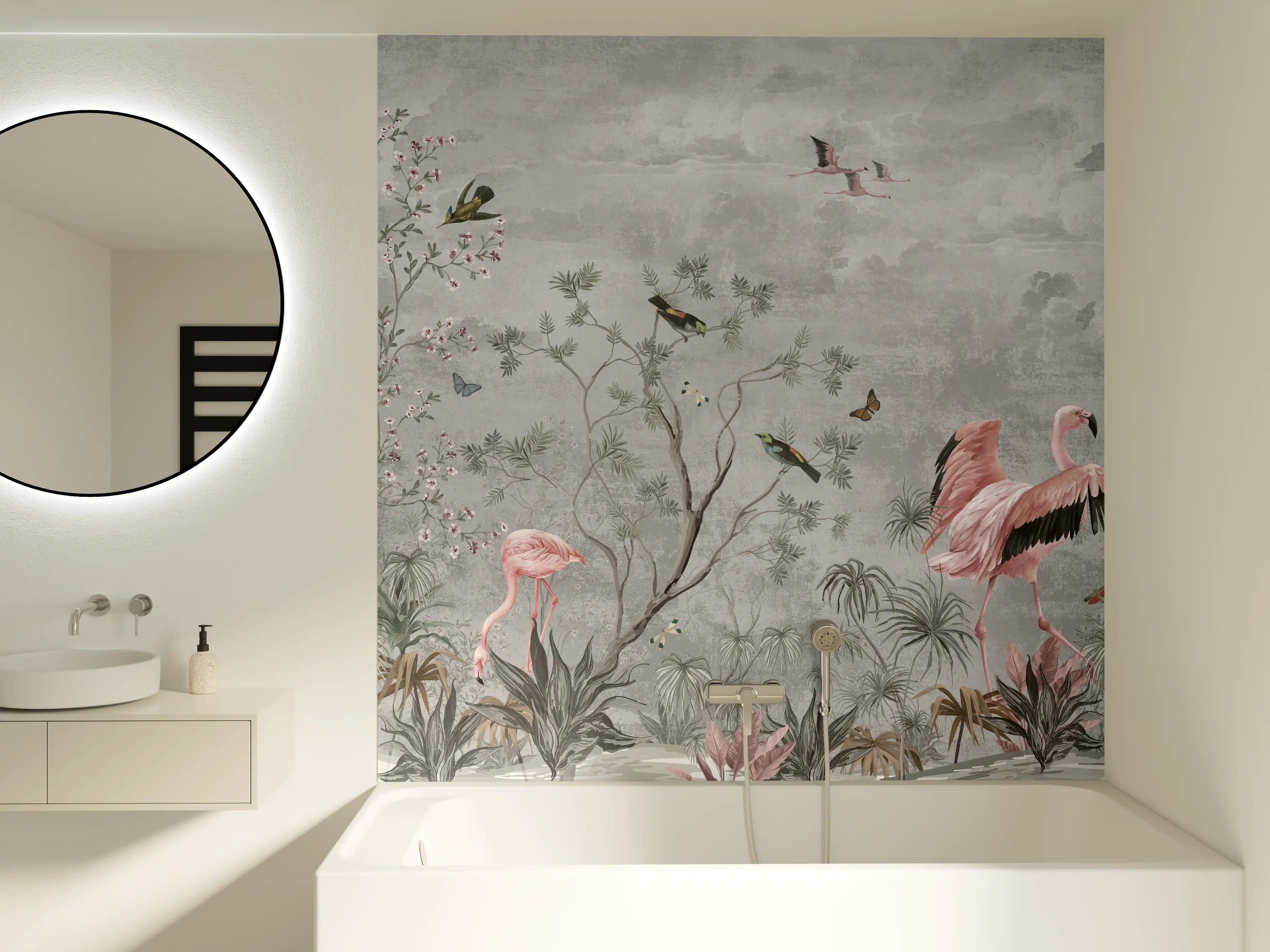 Badewannen-Rückwand - Vintage Dschungel Flamingo Tapete
