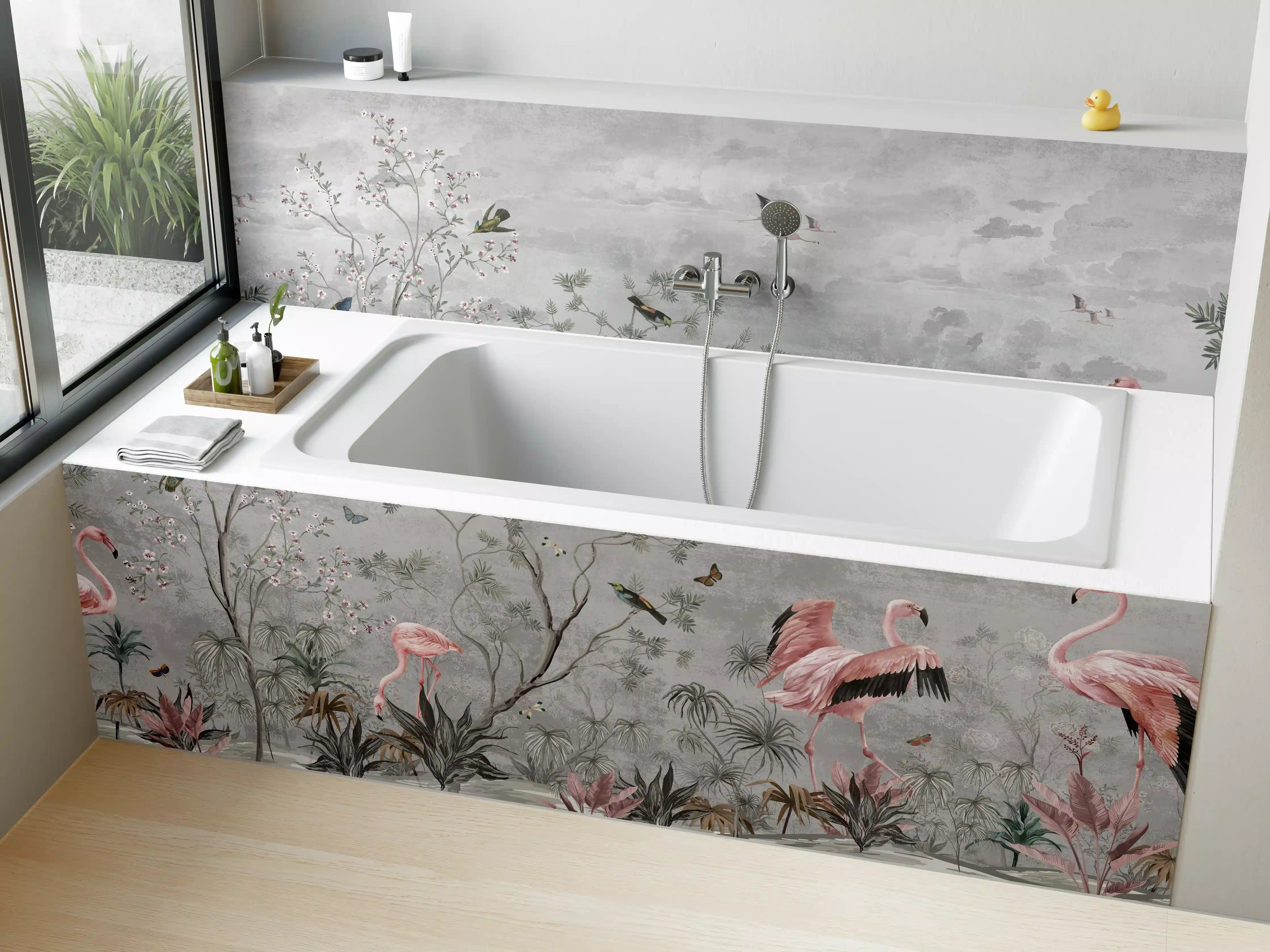 Badewannen-Rückwand - Vintage Dschungel Flamingo Tapete