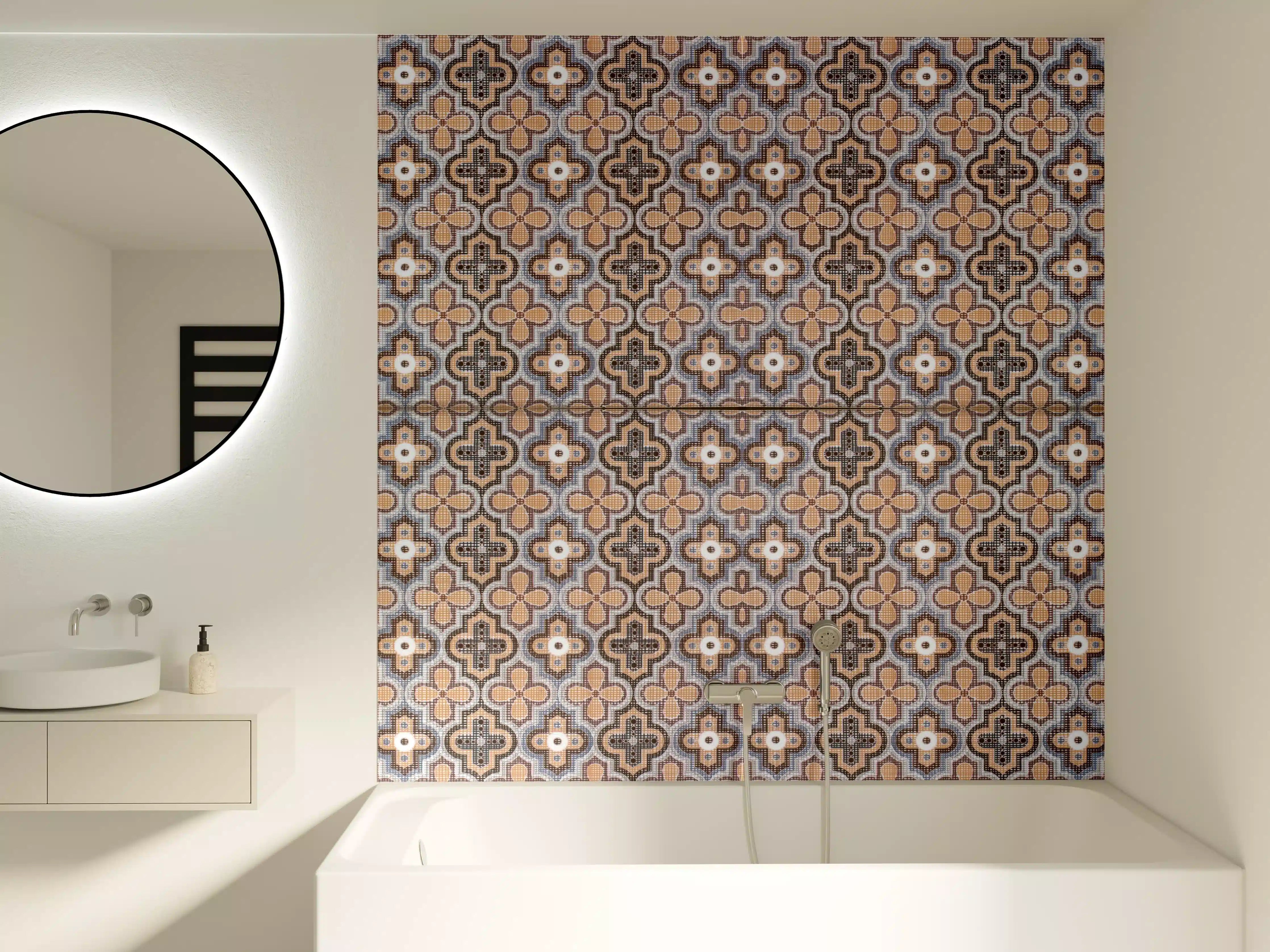 Badewannen-Rückwand - Vintage-Fliesen mit geometrischem Muster in Erdtönen