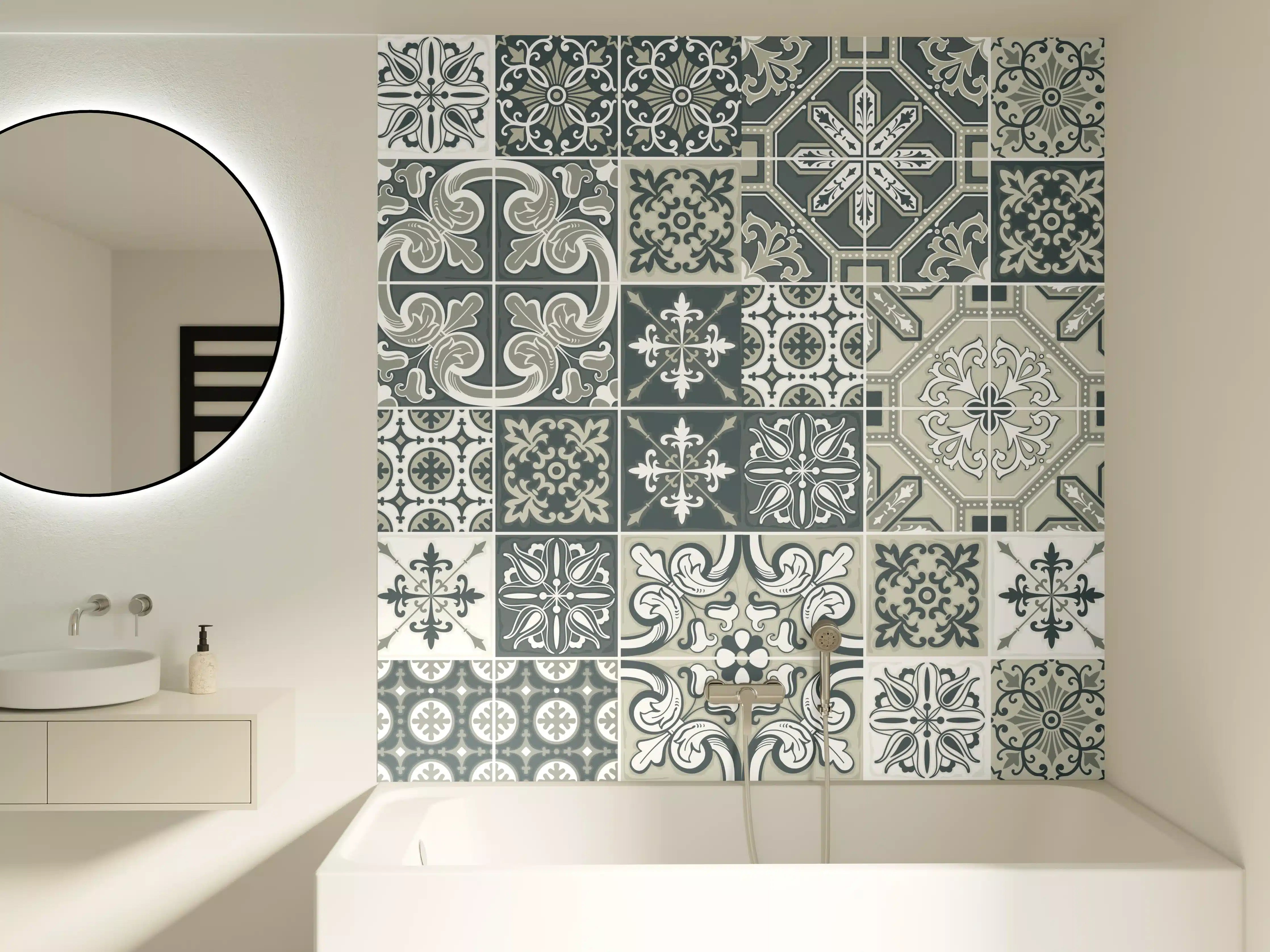 Badewannen-Rückwand - Vintage Fliesenmuster Blau-Weiß