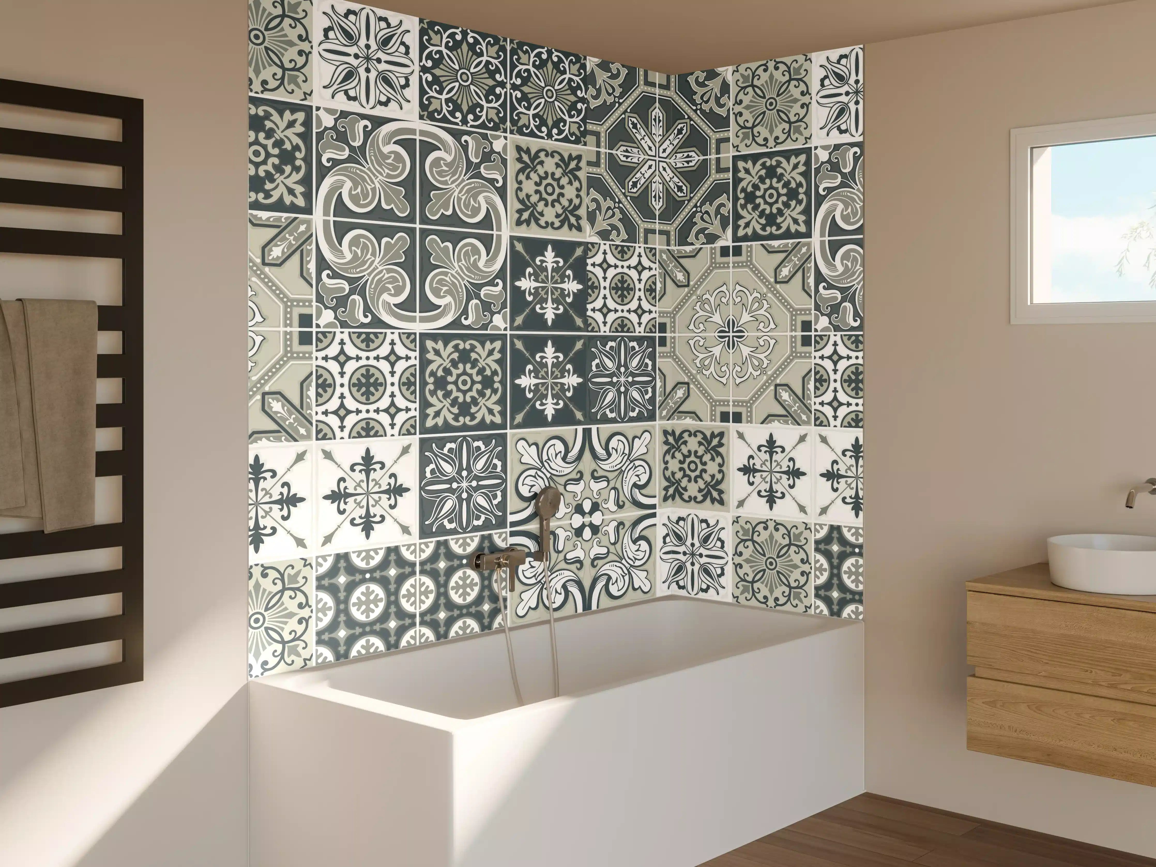 Badewannen-Rückwand - Vintage Fliesenmuster Blau-Weiß