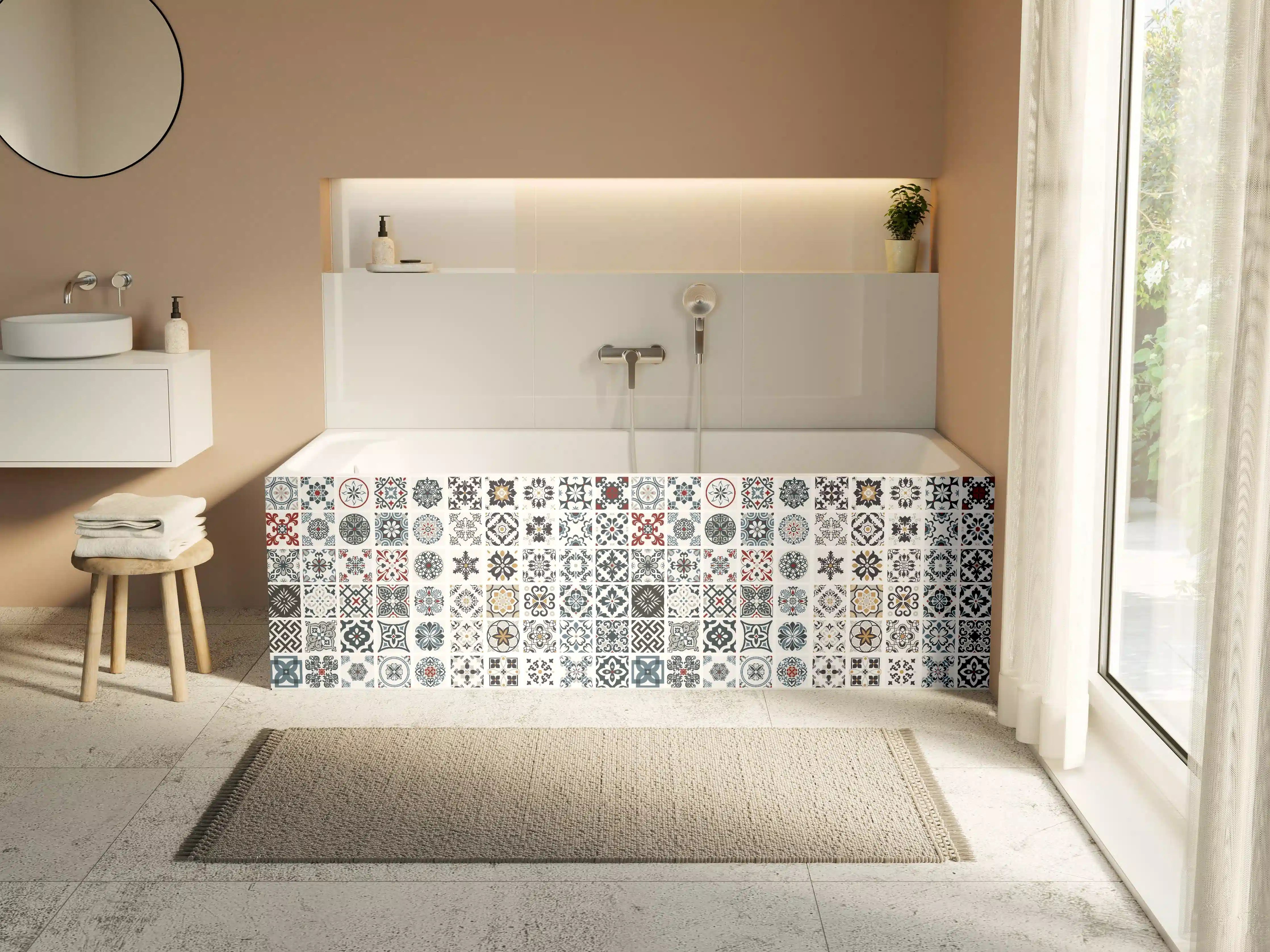 Badewannen-Rückwand - Vintage Fliesenmuster Grau-Weiß