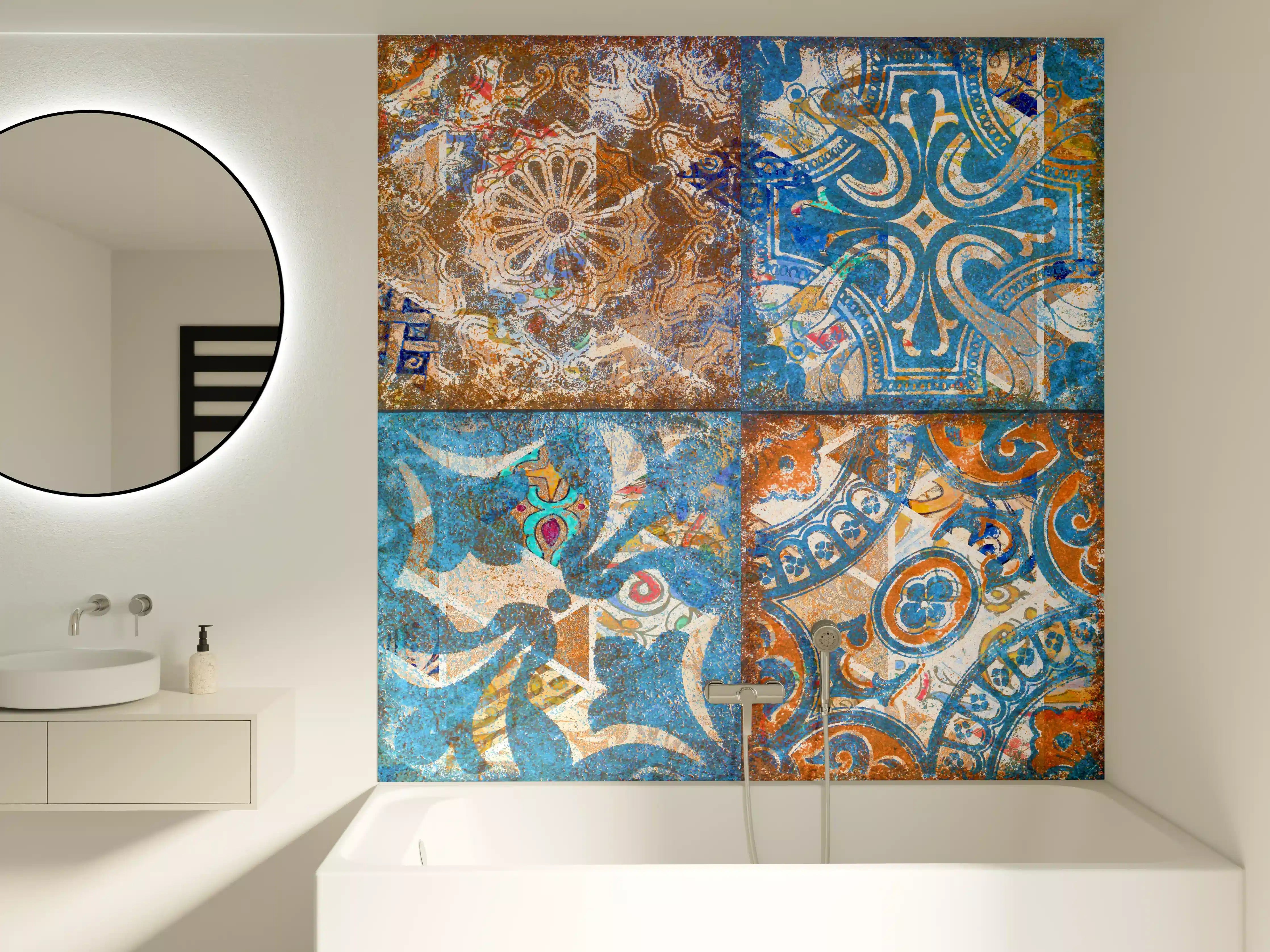 Badewannen-Rückwand - Vintage-Fliesenmuster in Blau und Sandtönen