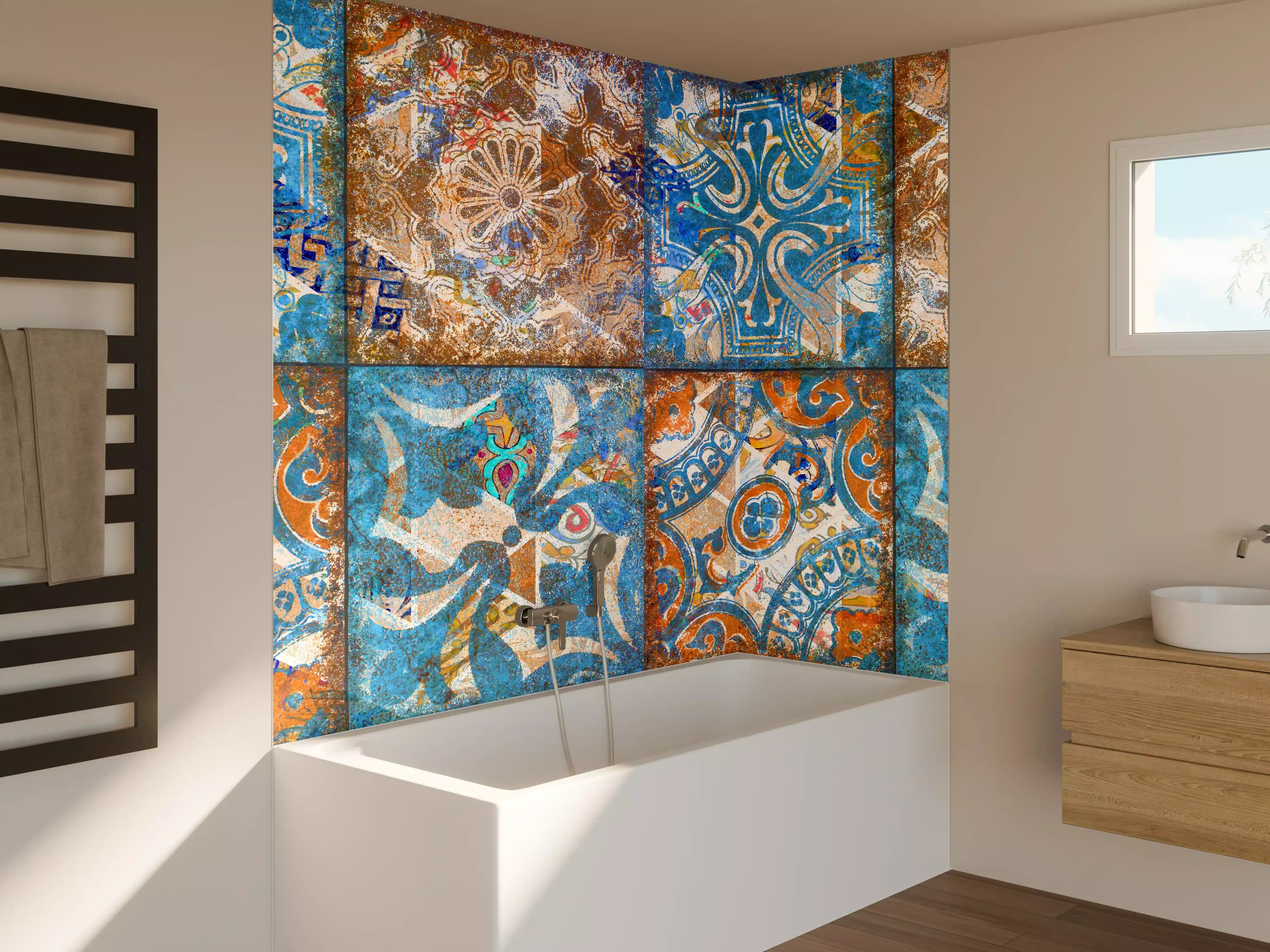 Badewannen-Rückwand - Vintage-Fliesenmuster in Blau und Sandtönen