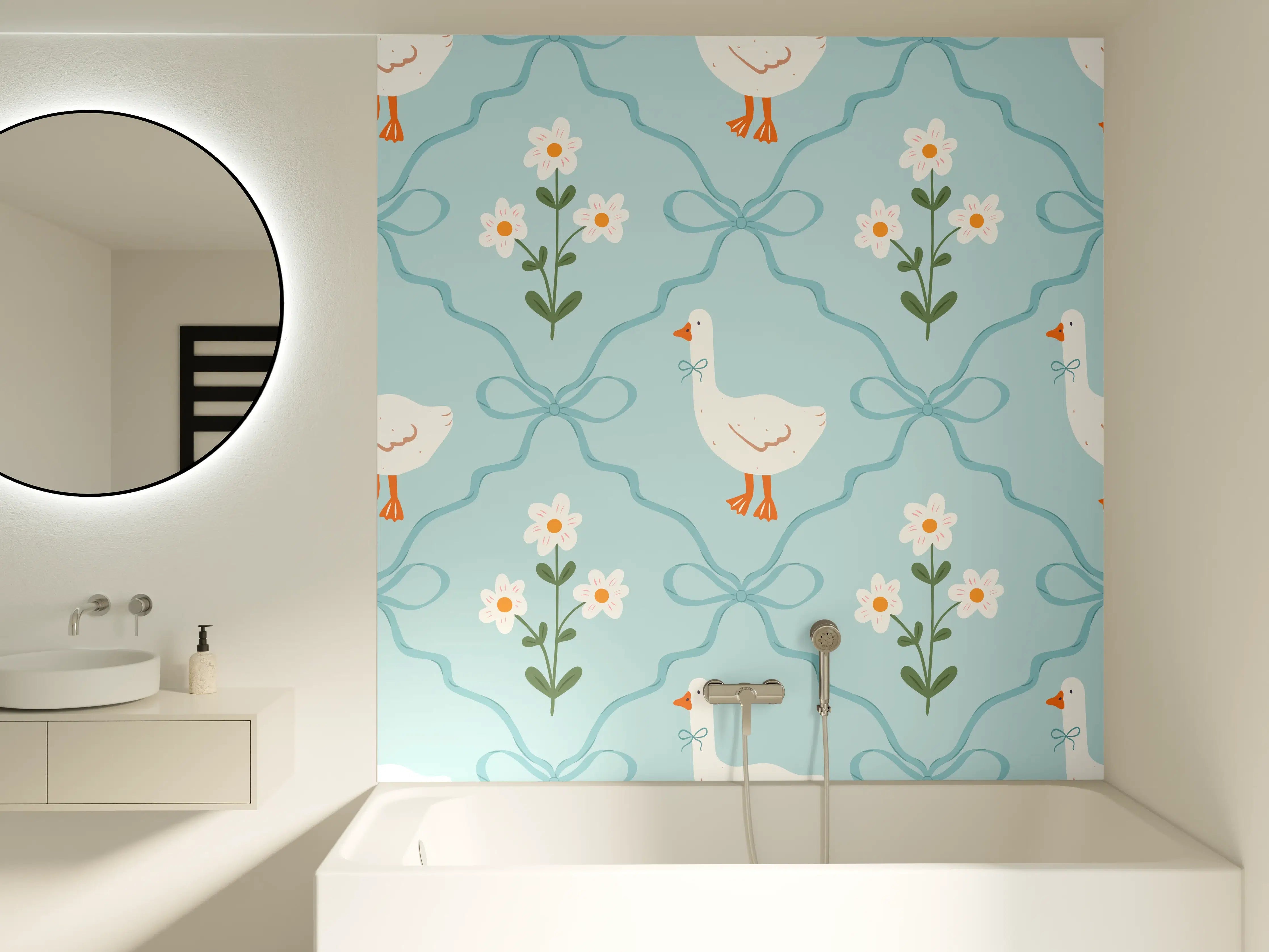 Badewannen-Rückwand - Vintage Gänse Tapete Türkis