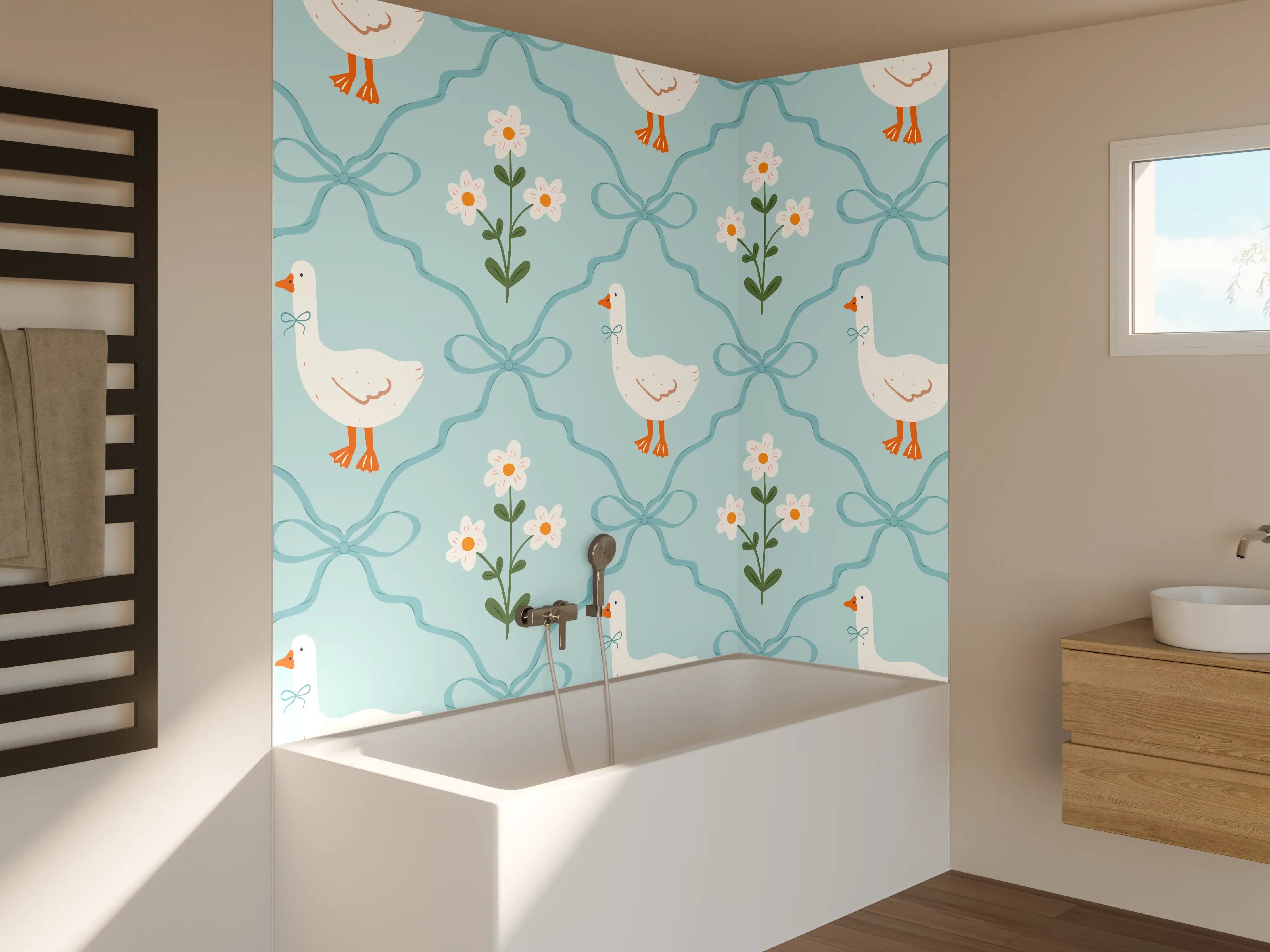 Badewannen-Rückwand - Vintage Gänse Tapete Türkis