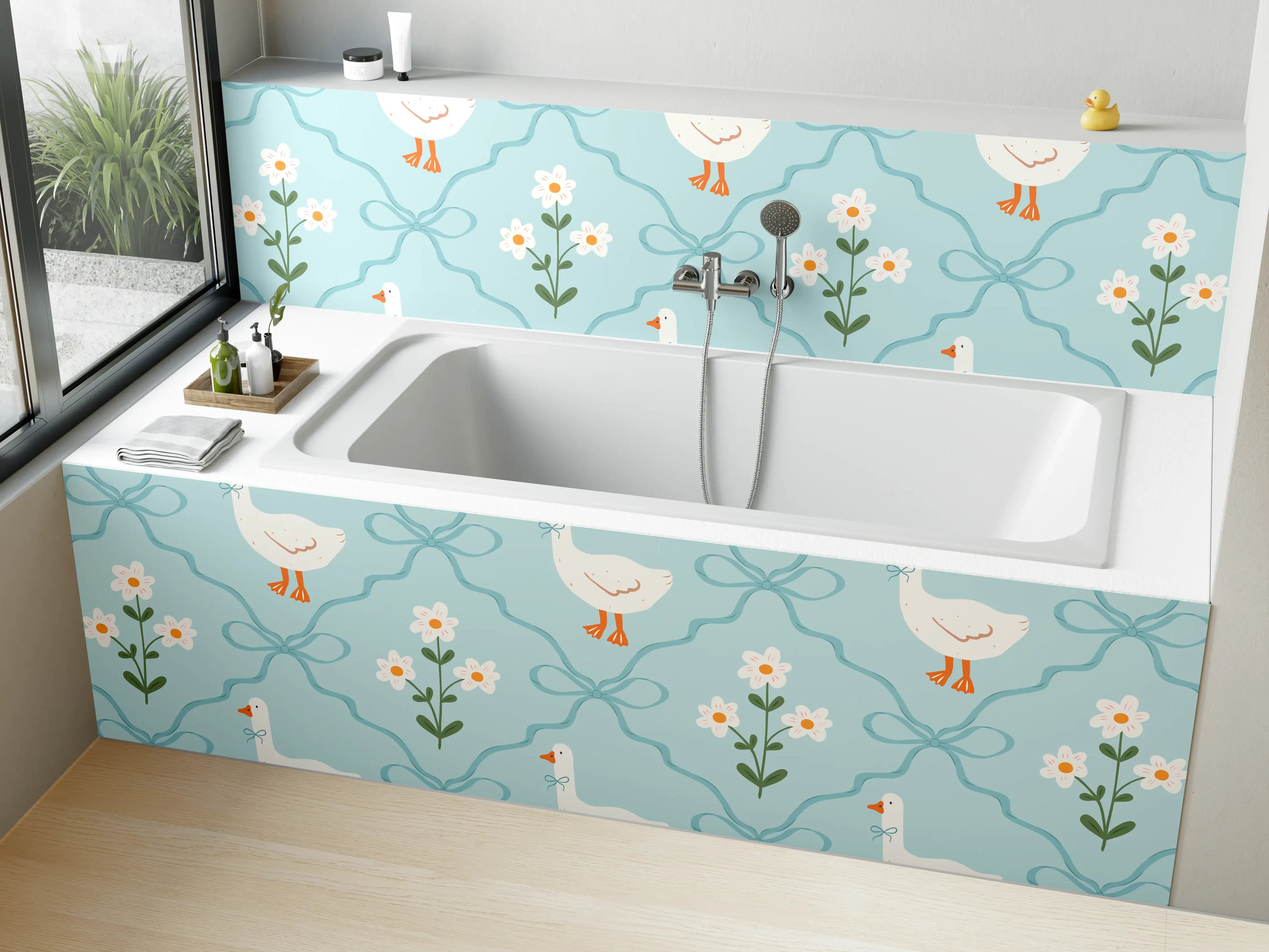 Badewannen-Rückwand - Vintage Gänse Tapete Türkis