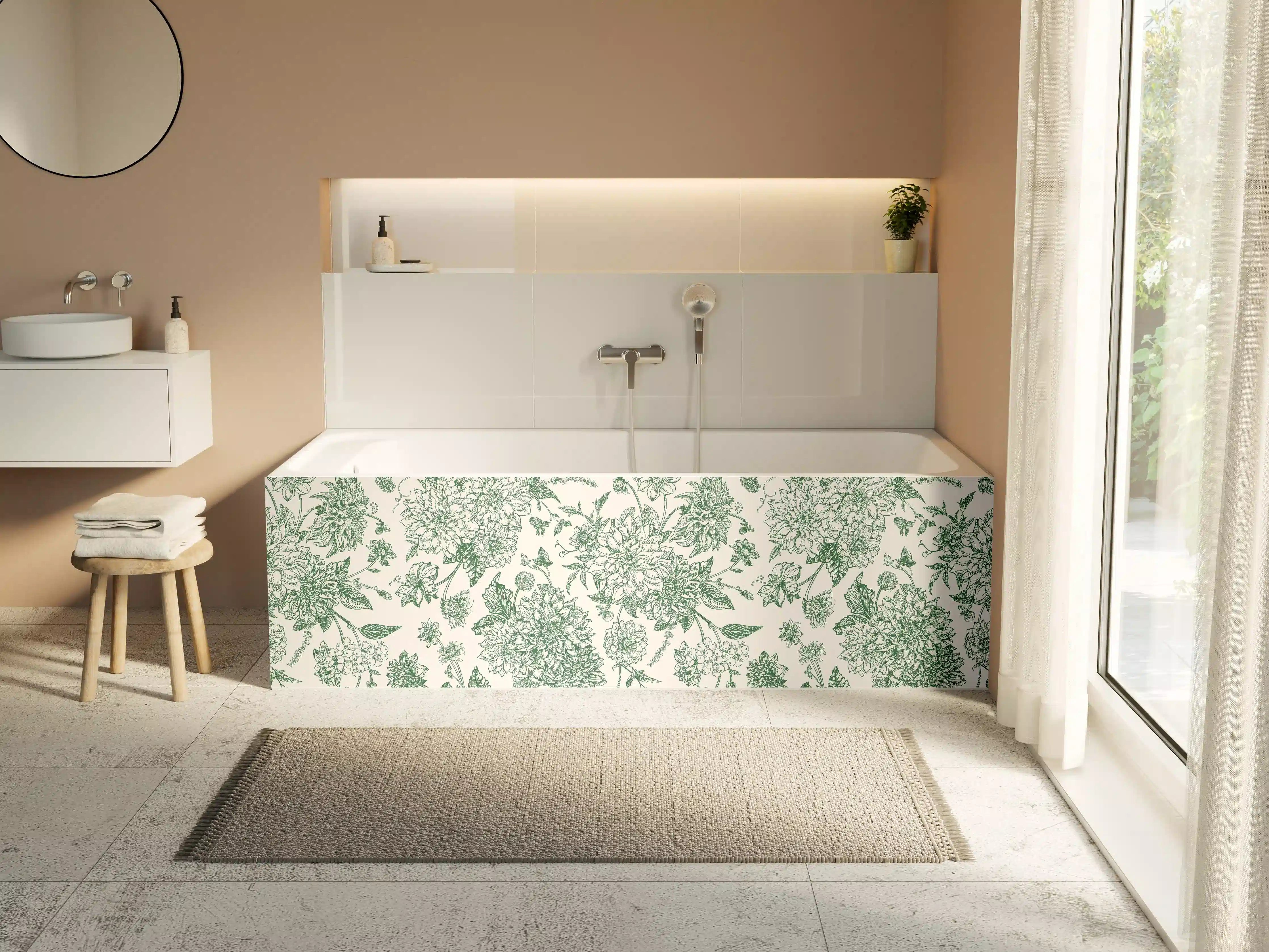 Badewannen-Rückwand - Vintage Grün Blumen Lineart
