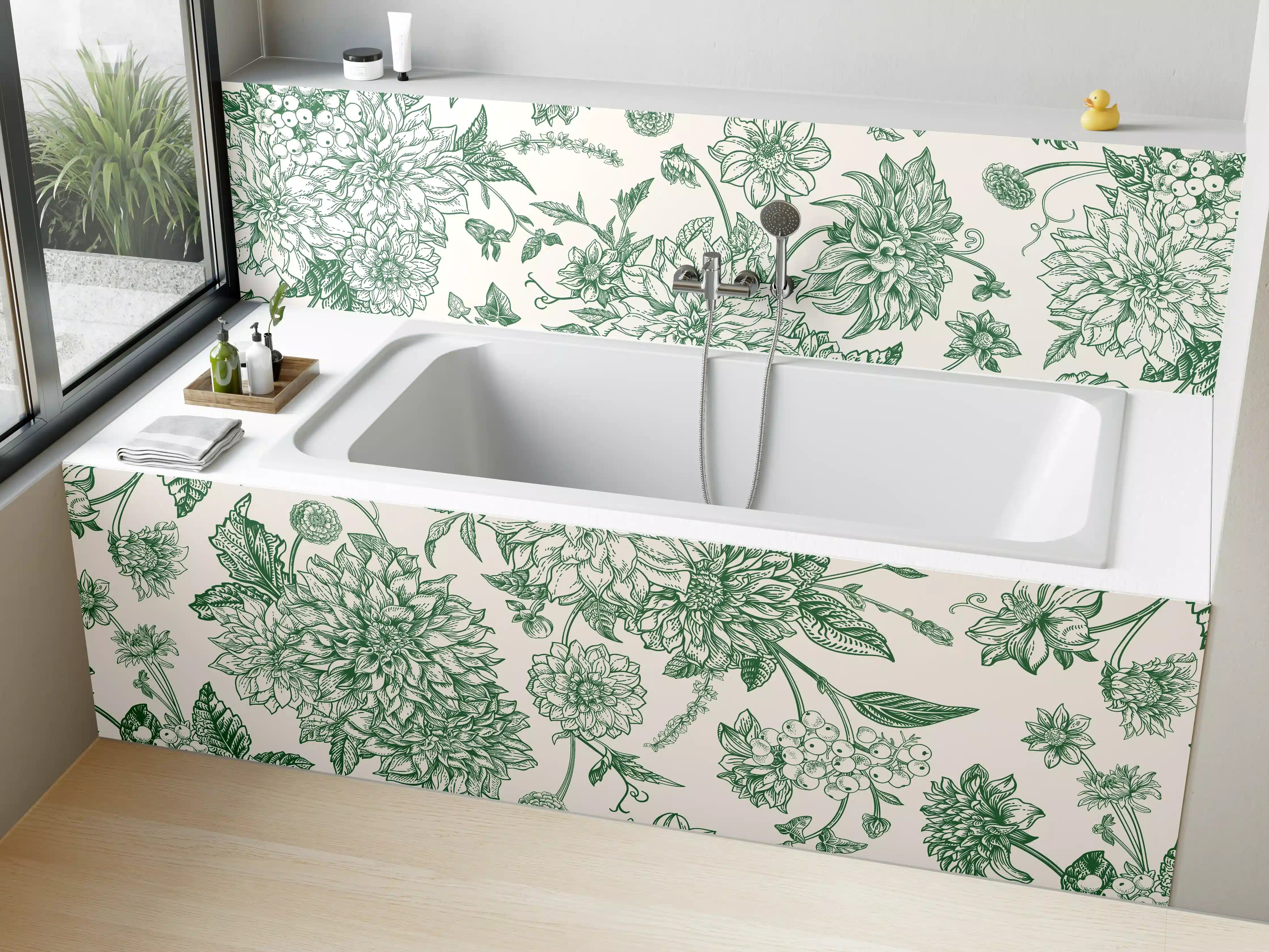 Badewannen-Rückwand - Vintage Grün Blumen Lineart