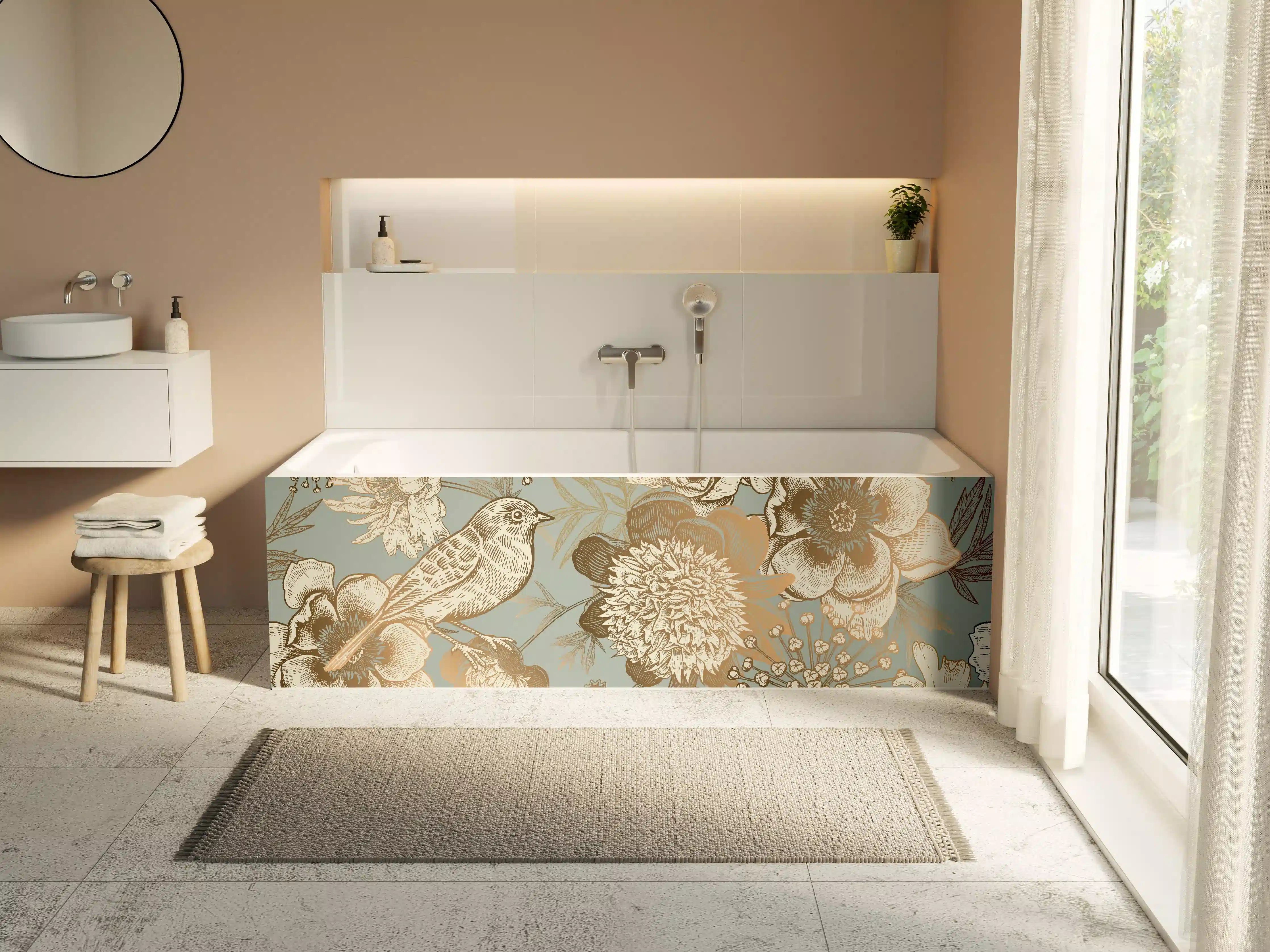 Badewannen-Rückwand - Vintage Pfingstrosen-Muster Beige