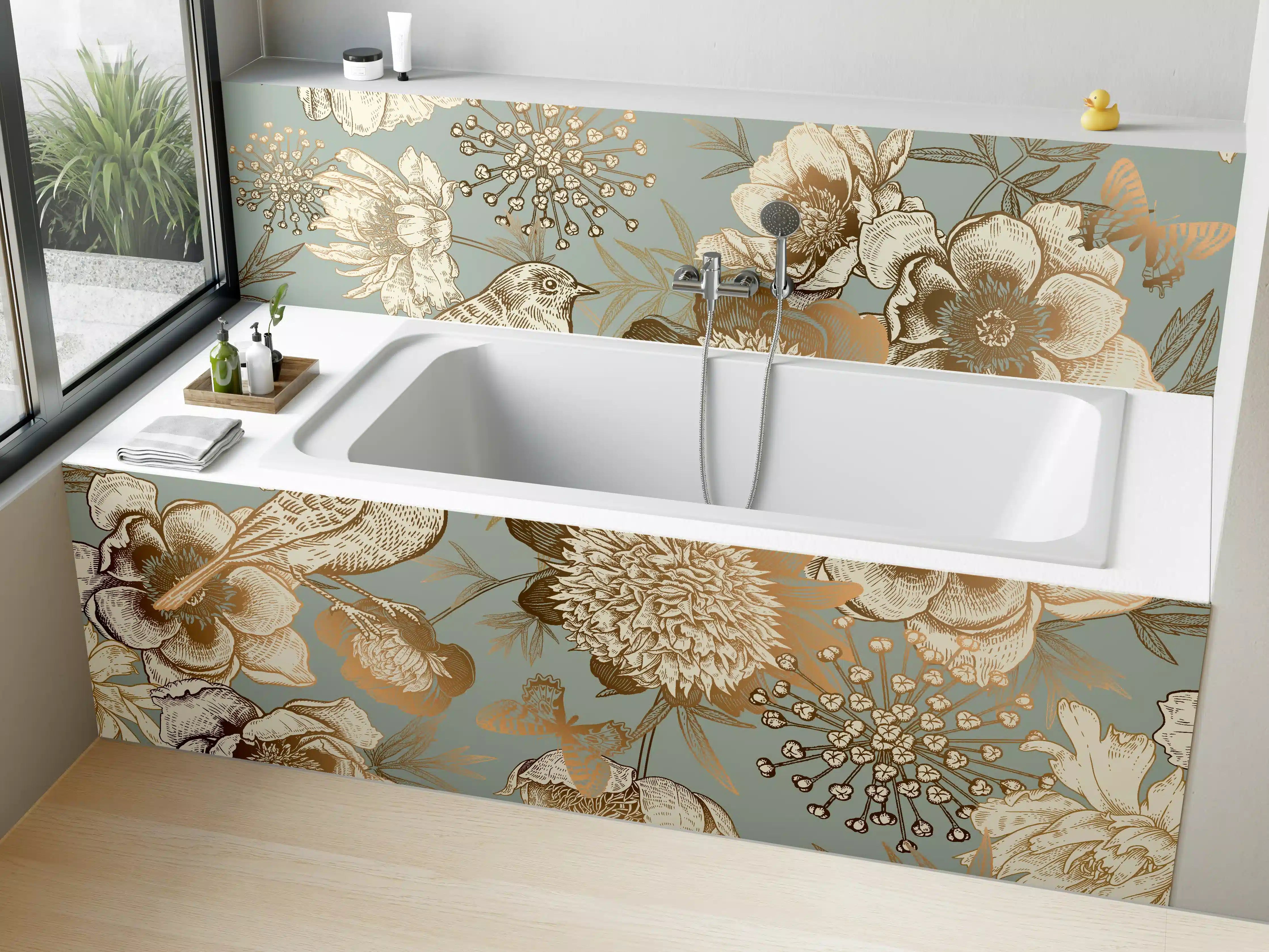 Badewannen-Rückwand - Vintage Pfingstrosen-Muster Beige