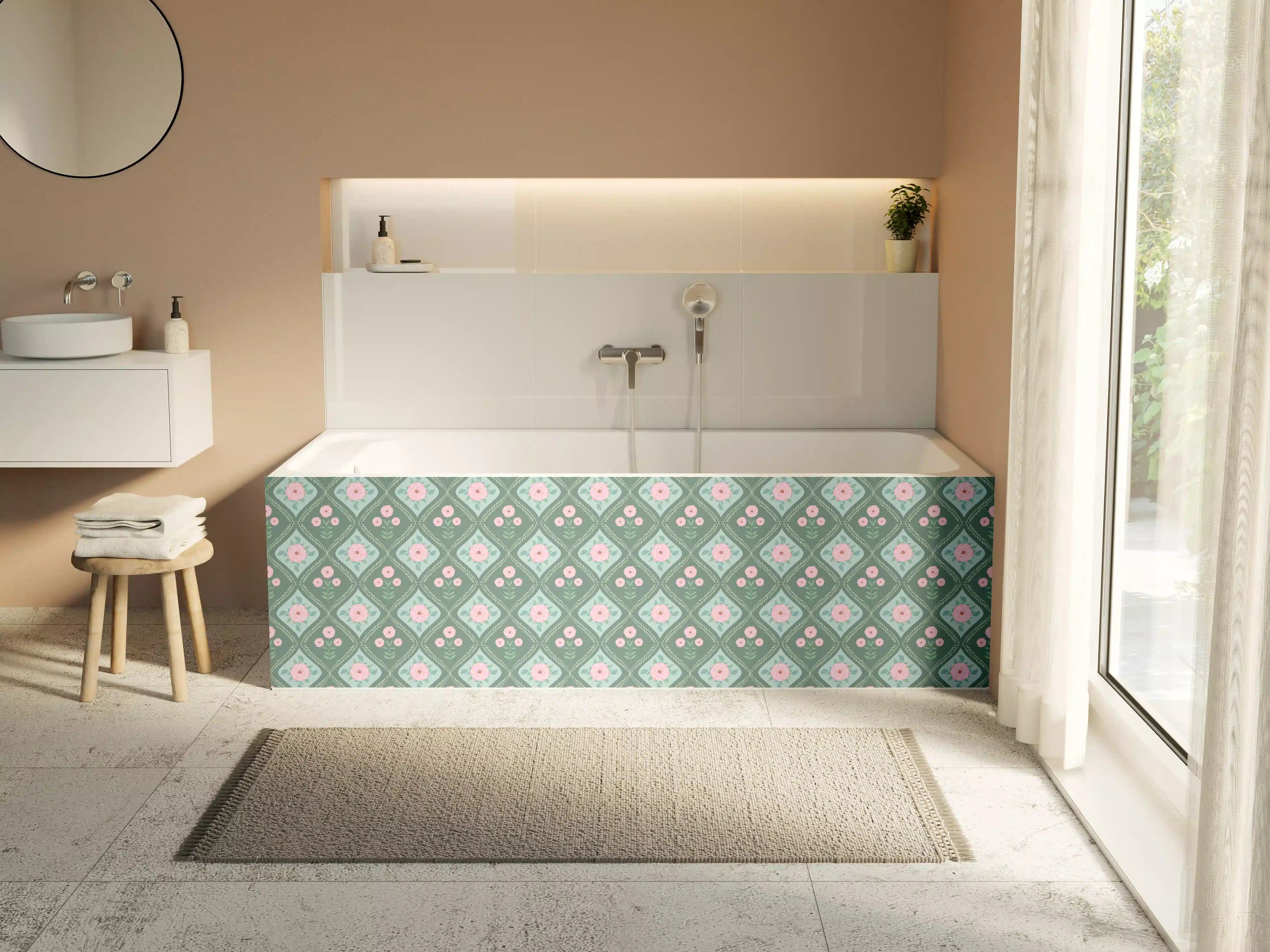 Badewannen-Rückwand - Vintage Rosen Tapete Grün-Rosa