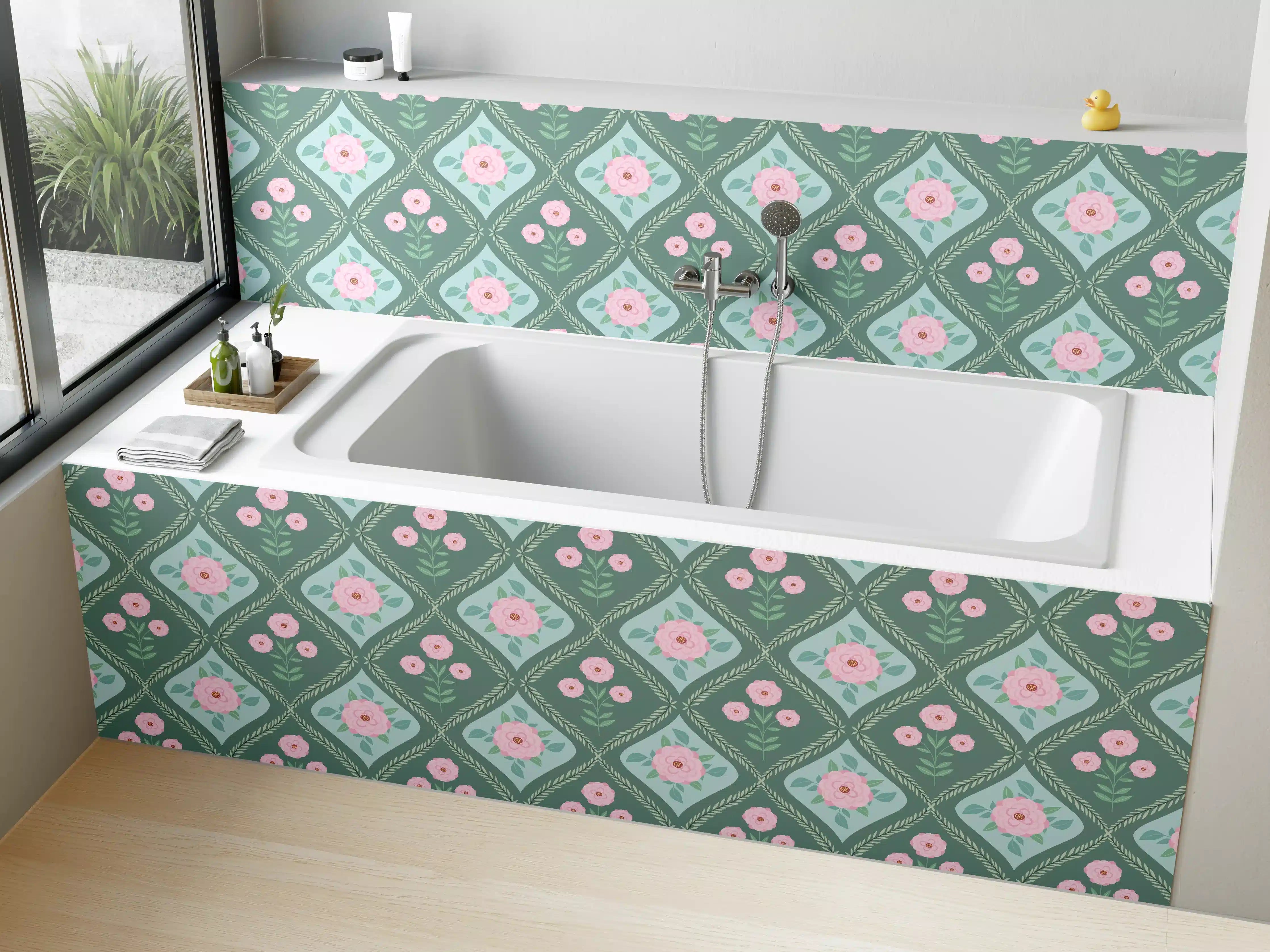 Badewannen-Rückwand - Vintage Rosen Tapete Grün-Rosa