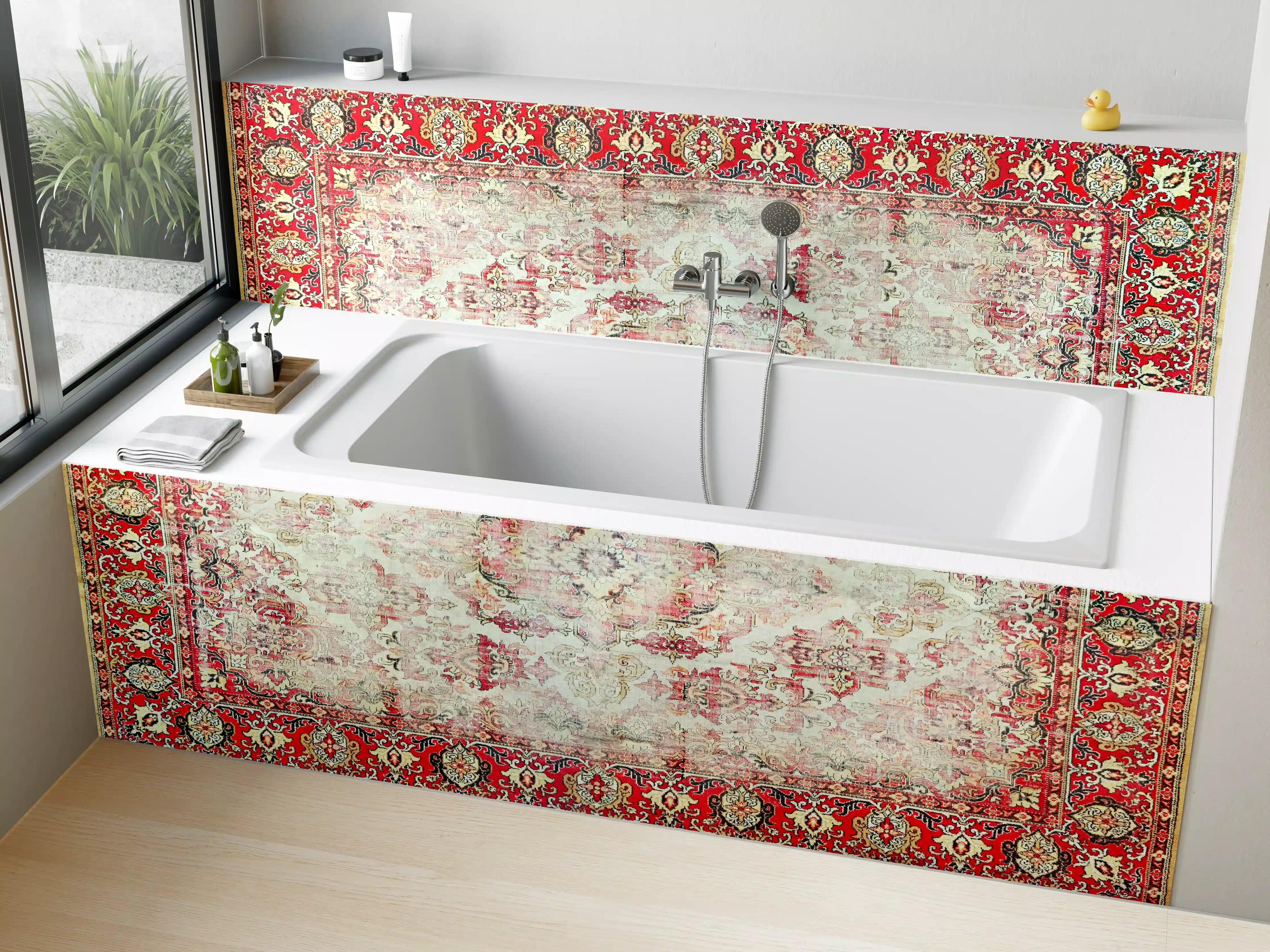 Badewannen-Rückwand - Vintage-Rot-Beige-Ornamentteppich