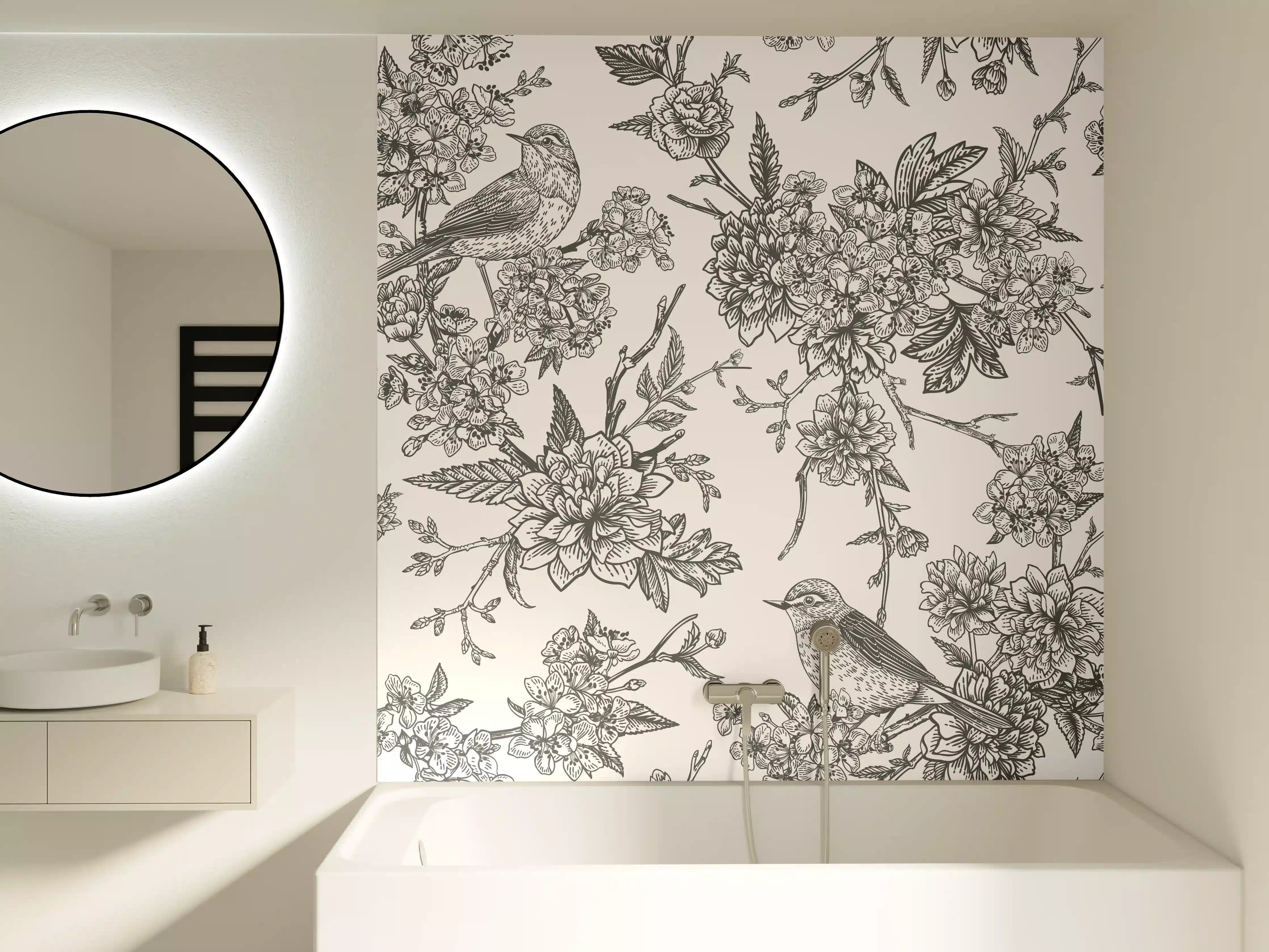 Badewannen-Rückwand - Vintage Schwarzweiß Blumenmuster