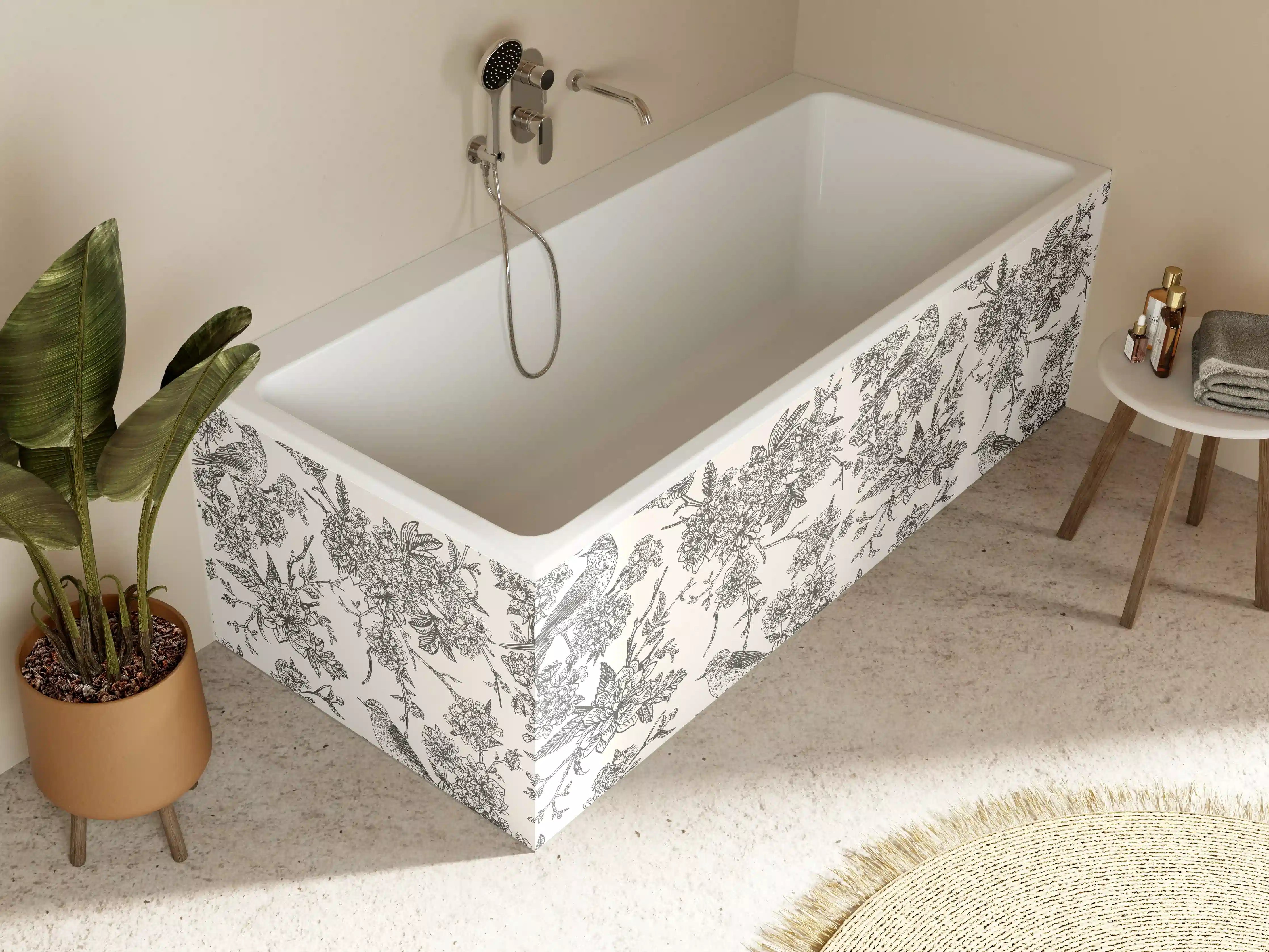 Badewannen-Rückwand - Vintage Schwarzweiß Blumenmuster