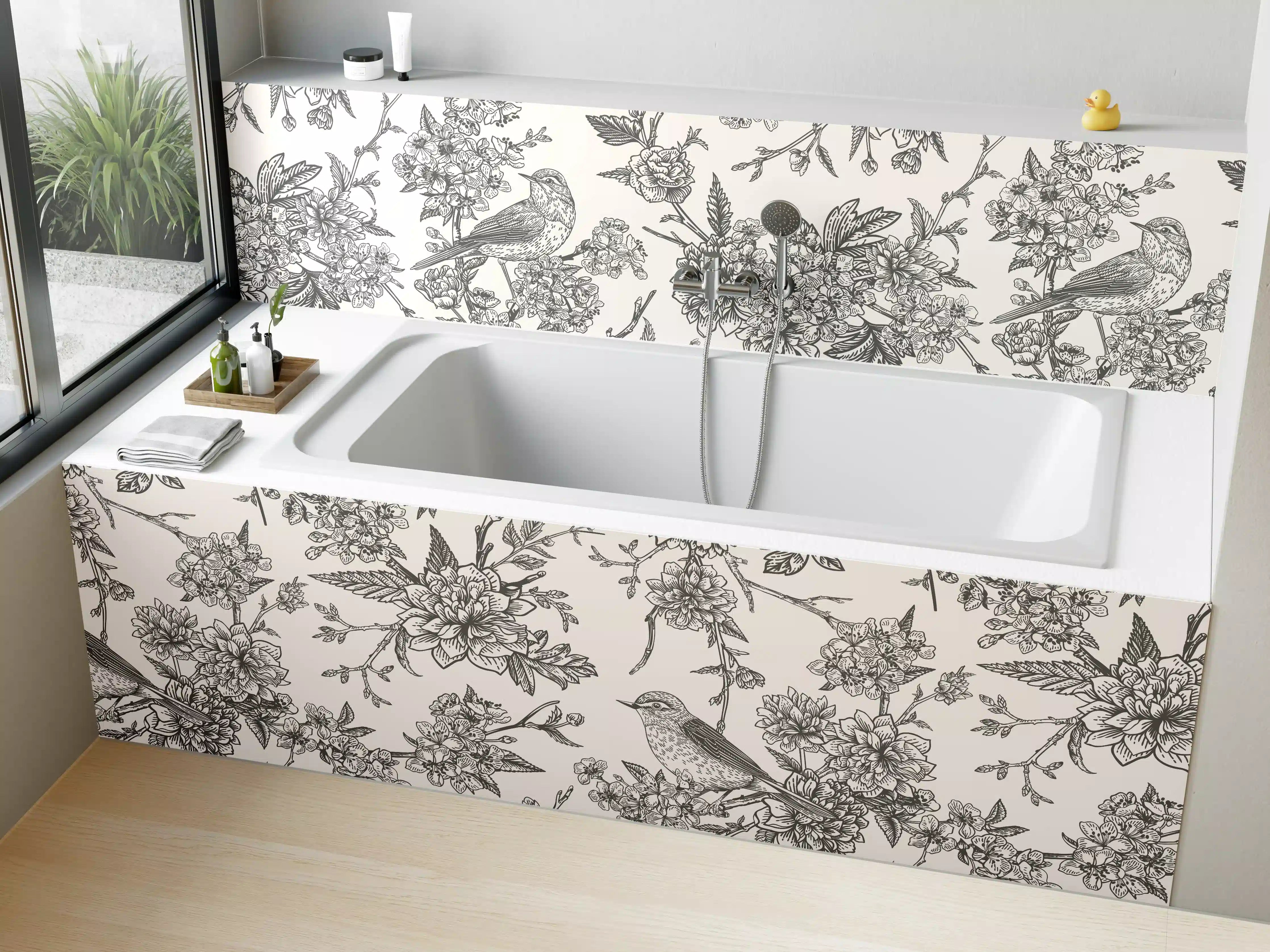Badewannen-Rückwand - Vintage Schwarzweiß Blumenmuster