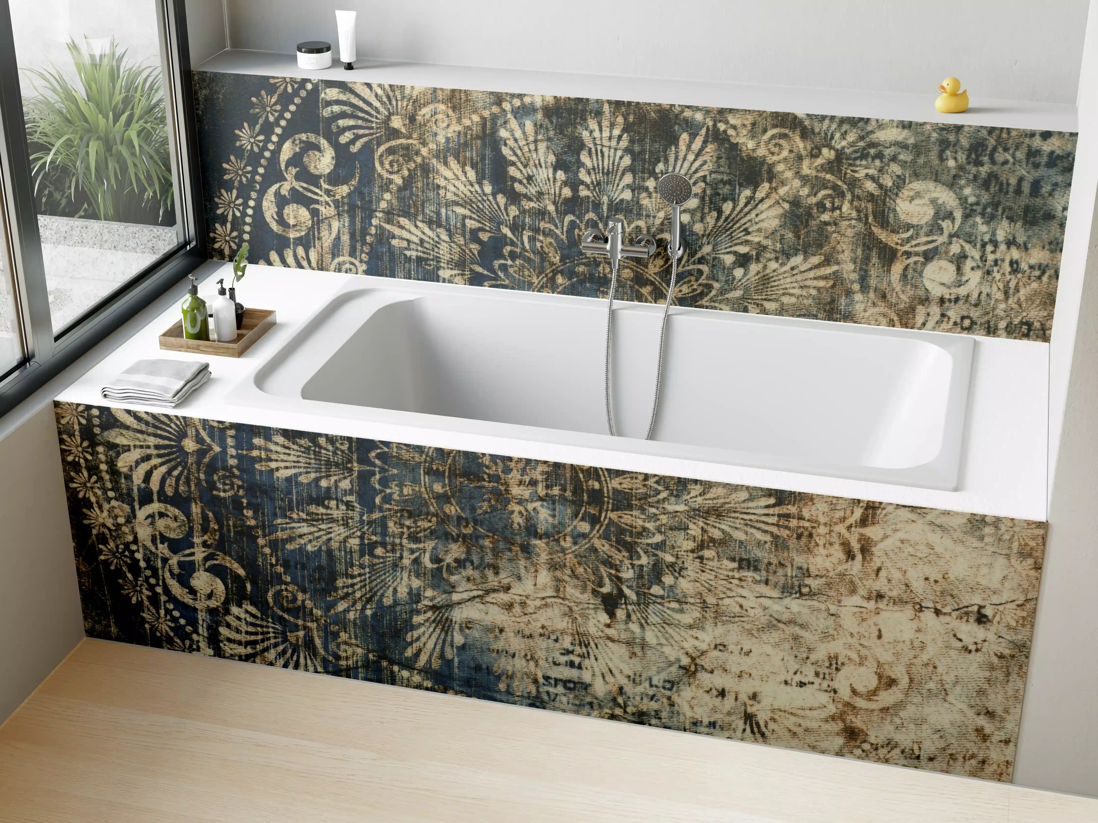Badewannen-Rückwand - Vintage-Tapete mit blauer Musterung