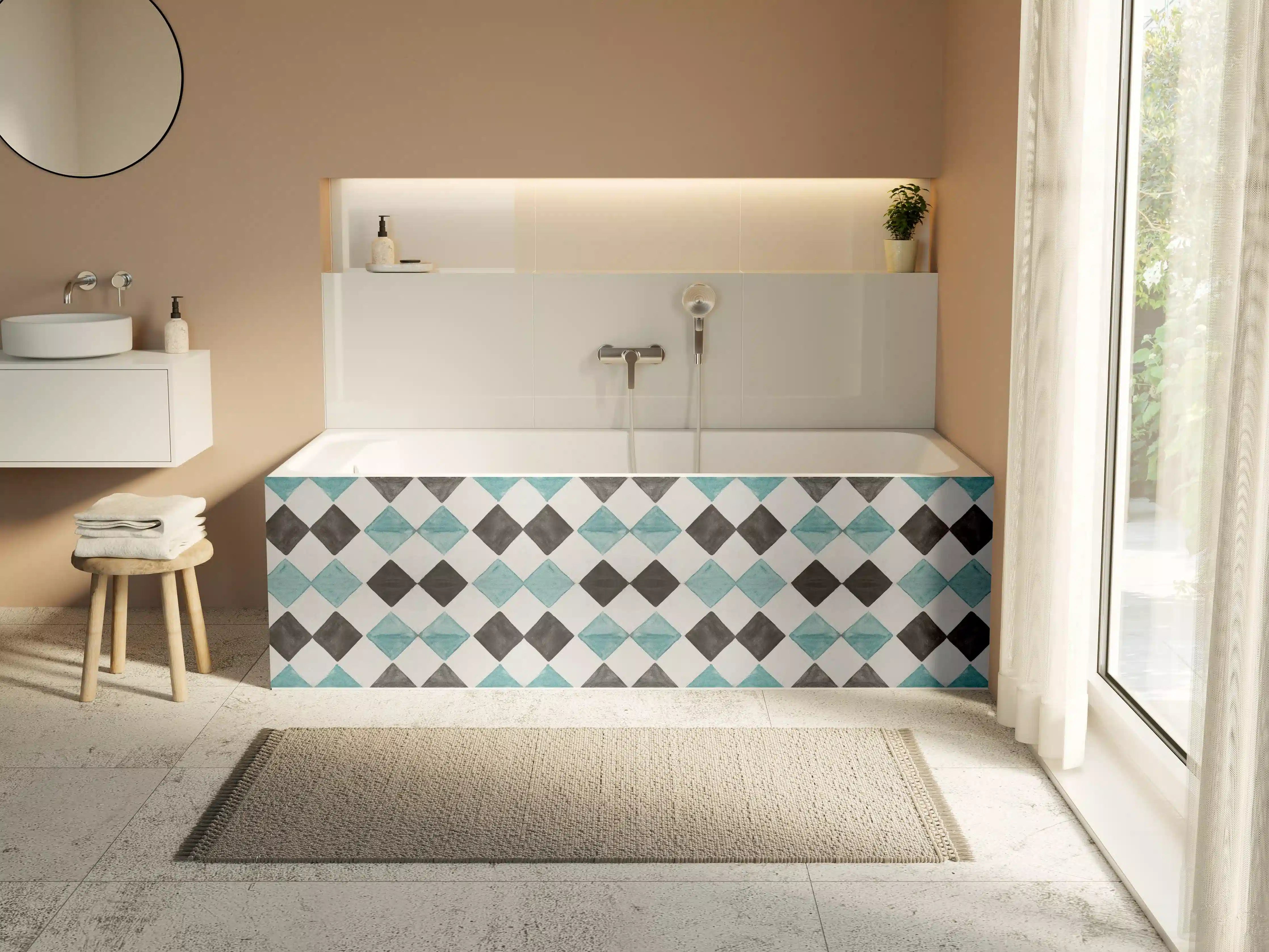 Badewannen-Rückwand - Vintage-Türkis-Schwarz-Weiß-Mosaik