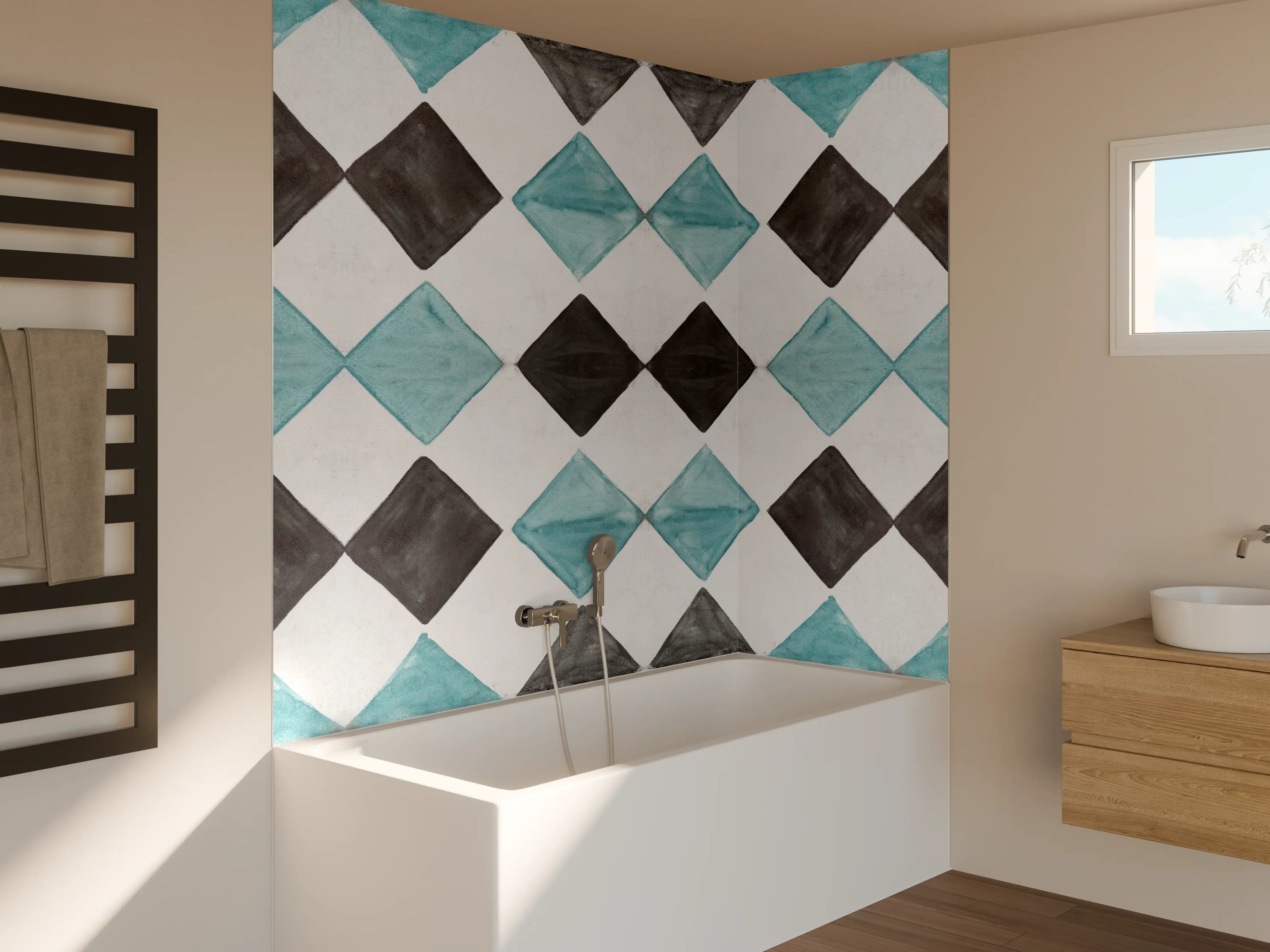 Badewannen-Rückwand - Vintage-Türkis-Schwarz-Weiß-Mosaik