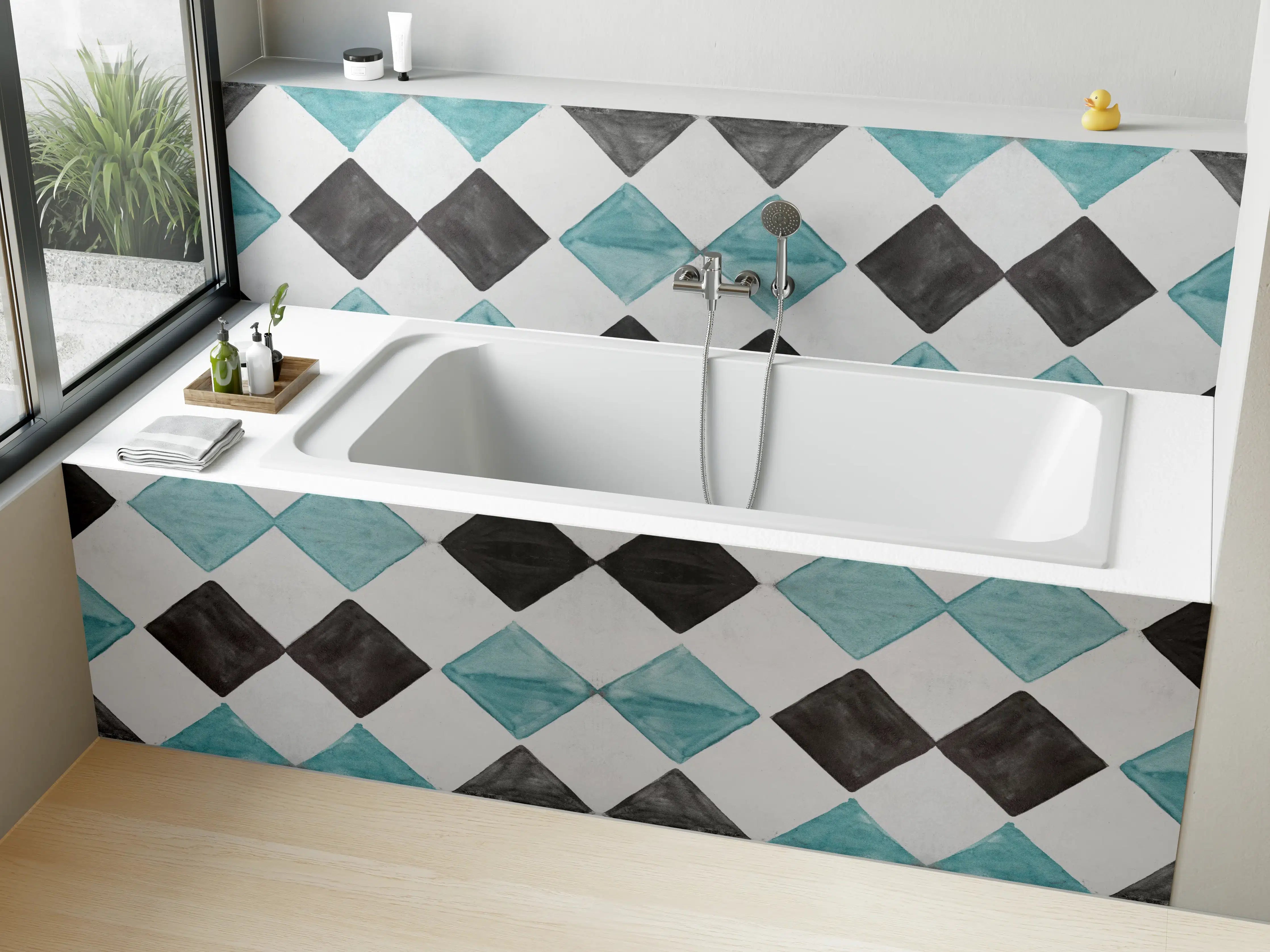 Badewannen-Rückwand - Vintage-Türkis-Schwarz-Weiß-Mosaik