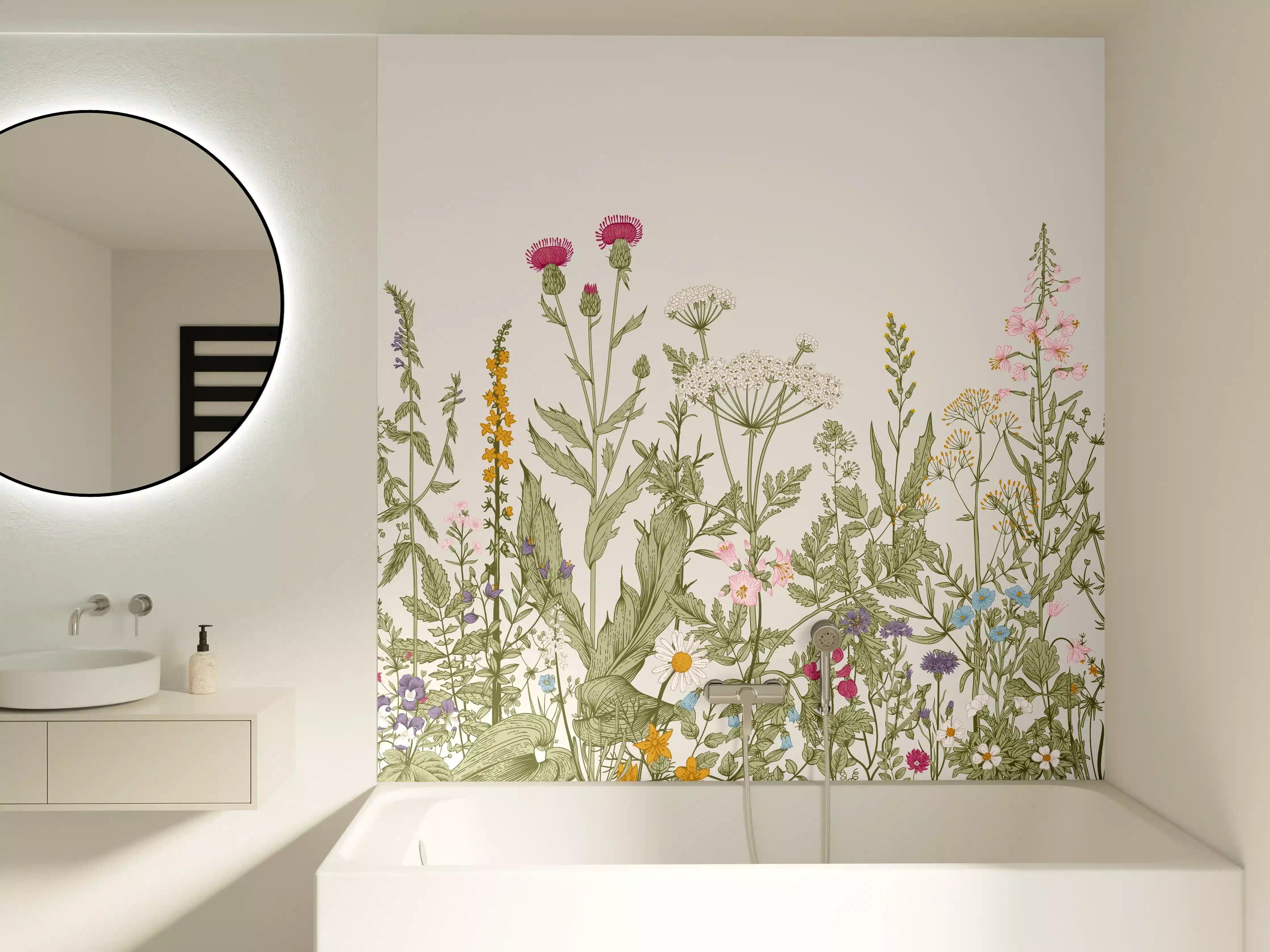 Badewannen-Rückwand - Vintage Wiesenblumen Bordüre Beige-Grün