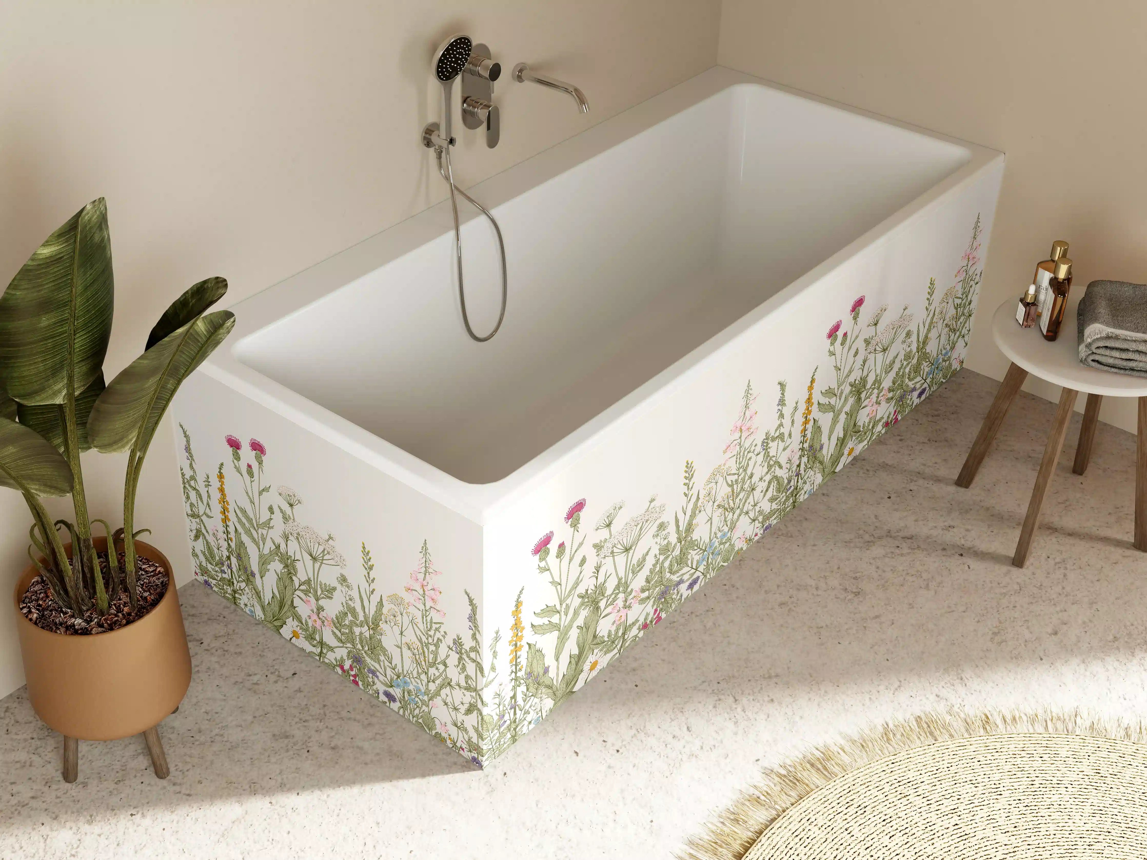Badewannen-Rückwand - Vintage Wiesenblumen Bordüre Beige-Grün