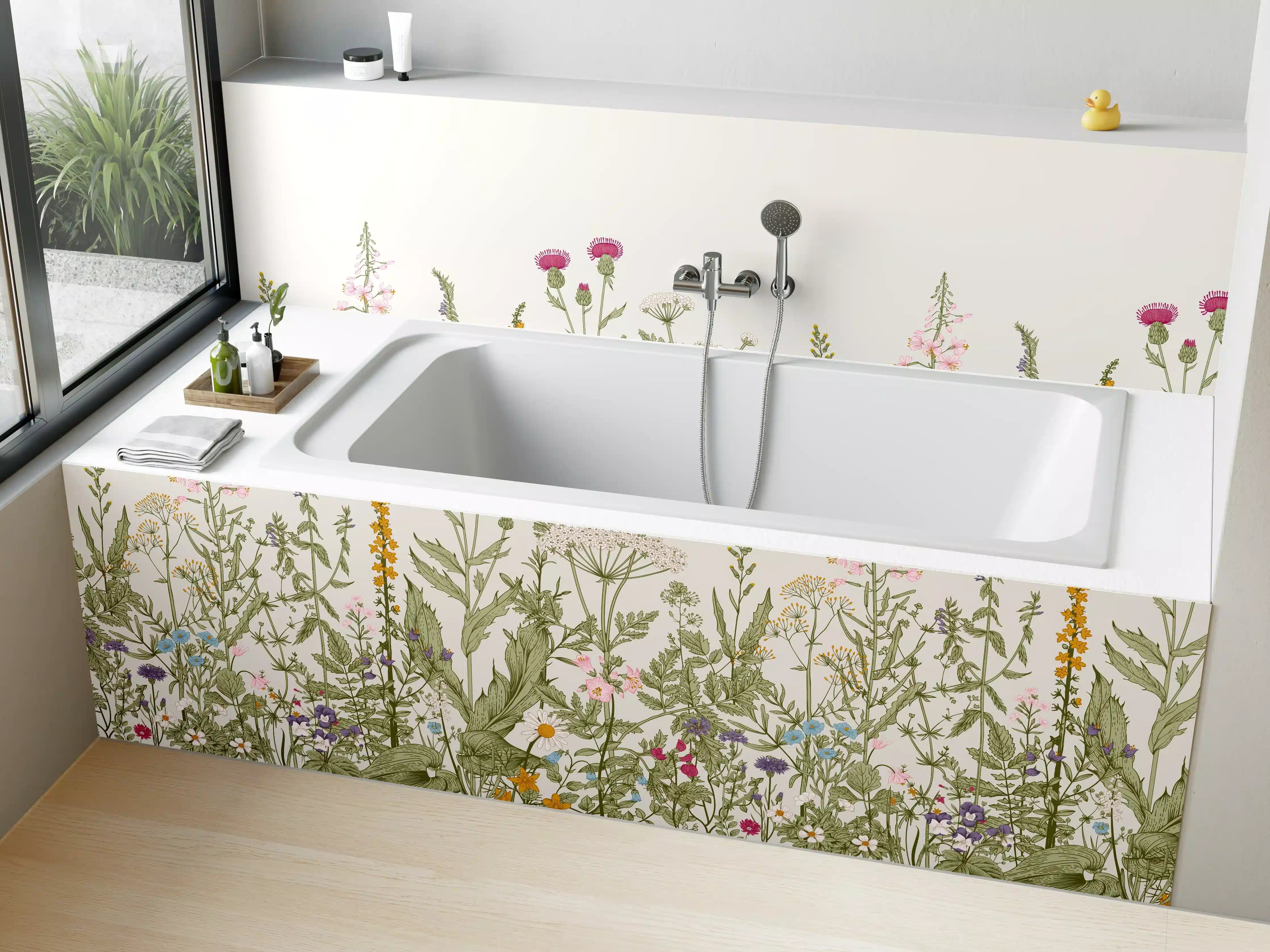 Badewannen-Rückwand - Vintage Wiesenblumen Bordüre Beige-Grün